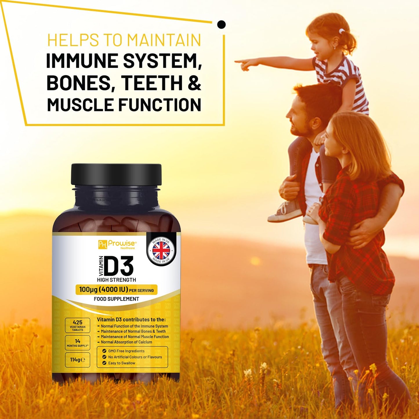 PH PROWISE Healthcare Vitamin D3 4000 IU High Strength I 425 Vegetarian Tablets (14 Months Supply) I Easy Swallow Vitamin D3 Supplement for Immune Support, Calcium Boost, Bone & Muscle I Vitamin D Made in the UK by Prowise