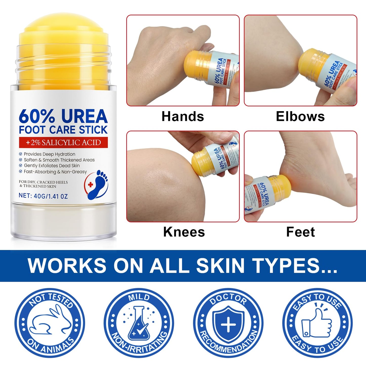 Urea Foot Care Stick, Urea Foot Cream Moisturizer for Dry, Cracked Heels & Thickened Skin, Hydrates & Nourish Foot Care for Softens Skin Exfoliates Dead Skin, Fast Absorbing & Non-Greasy, 1.41 OZ