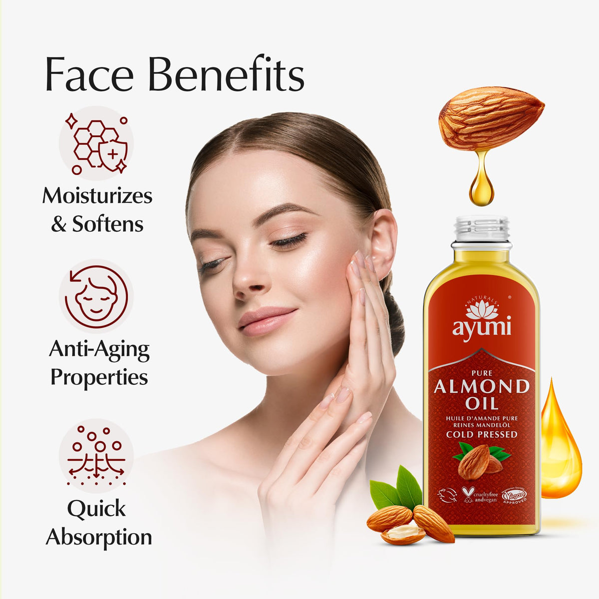 Ayumi Pure Sweet Almond Oil with Vitamin E | Hydrating Hair Oil for Dry Hair | AlmondOil for Skin Dryness | Anti-Ageing FaceOil | Body Oil for Dry Skincare | Beard Oil for Grooming | 2 x 150ml
