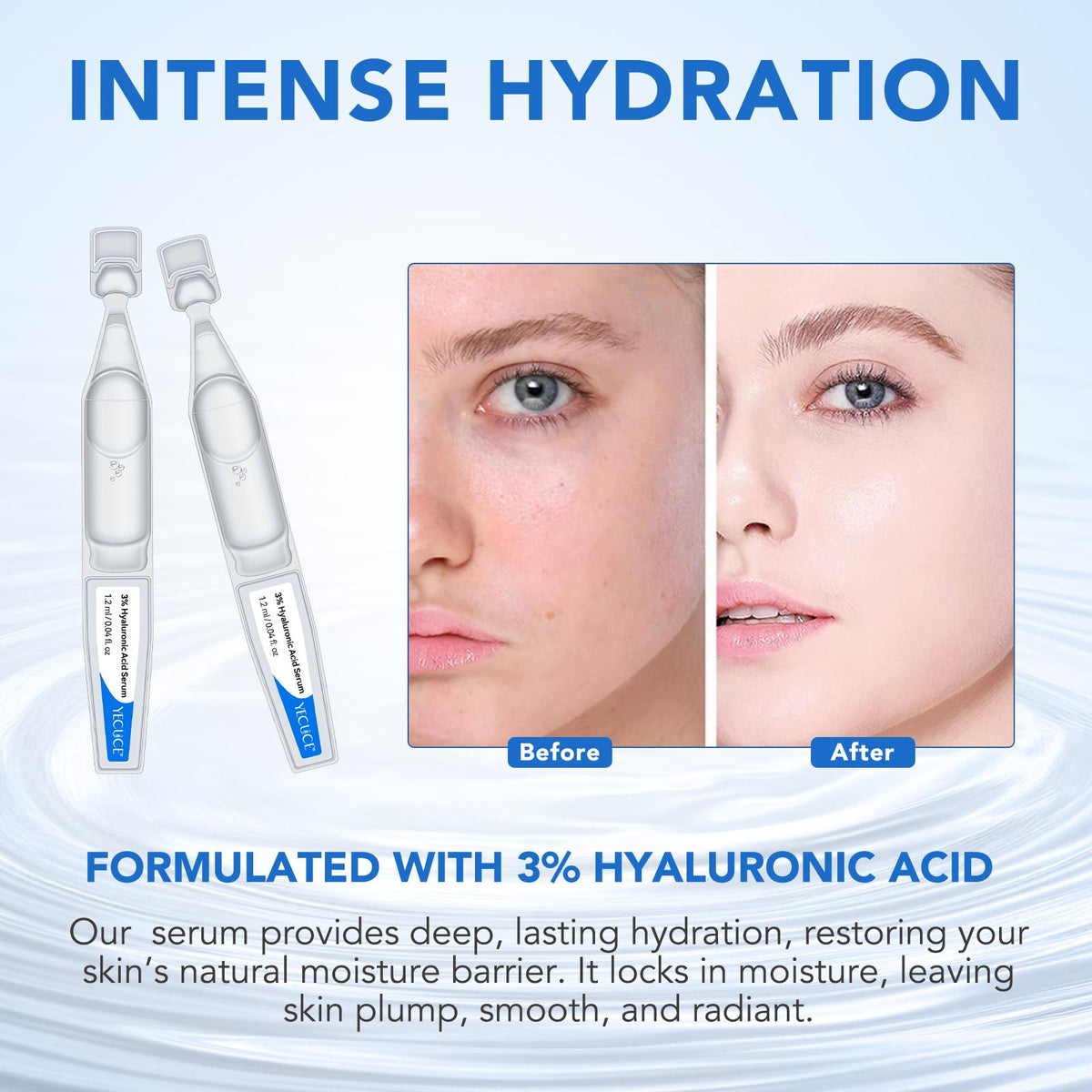 Yecuce 3% Hyaluronic Acid Serum, Ultra-Hydrating Vials Hyaluronic Tubes, Wake Nature Perfection Hyaluronic Acid for Face, Ultra Hydrating Serum
