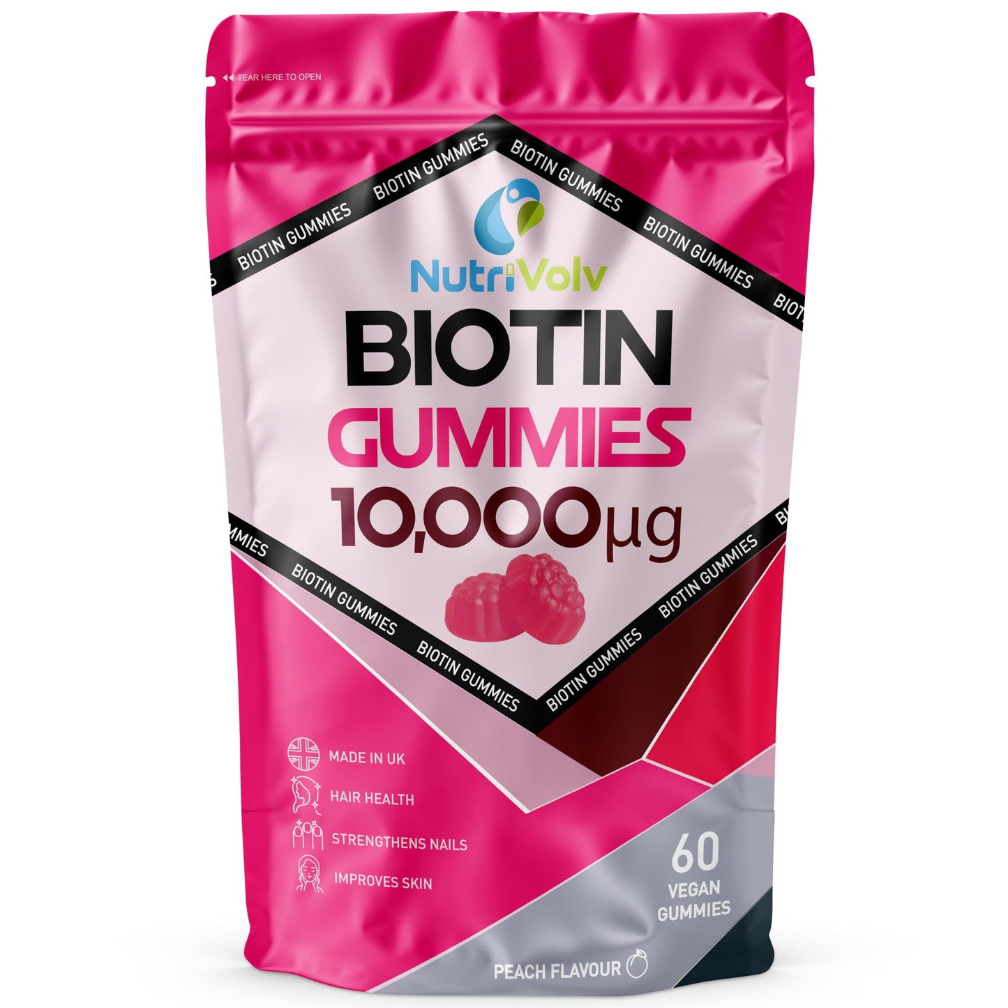 Nutrivolv Biotin Gummies 10,000mcg | 60 Vegan Gummies | 60 Day Supply | for Hair Growth & Skin & Nails Health | Natural Peach Flavour | Vitamin B7 Gummies | Gelatine Free | Sugar Free | Non-GMO | by NutriVolv