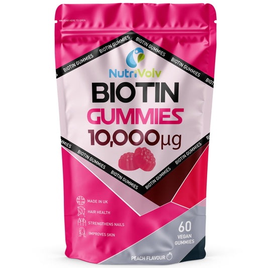 Nutrivolv Biotin Gummies 10,000mcg | 60 Vegan Gummies | 60 Day Supply | for Hair Growth & Skin & Nails Health | Natural Peach Flavour | Vitamin B7 Gummies | Gelatine Free | Sugar Free | Non-GMO | by NutriVolv
