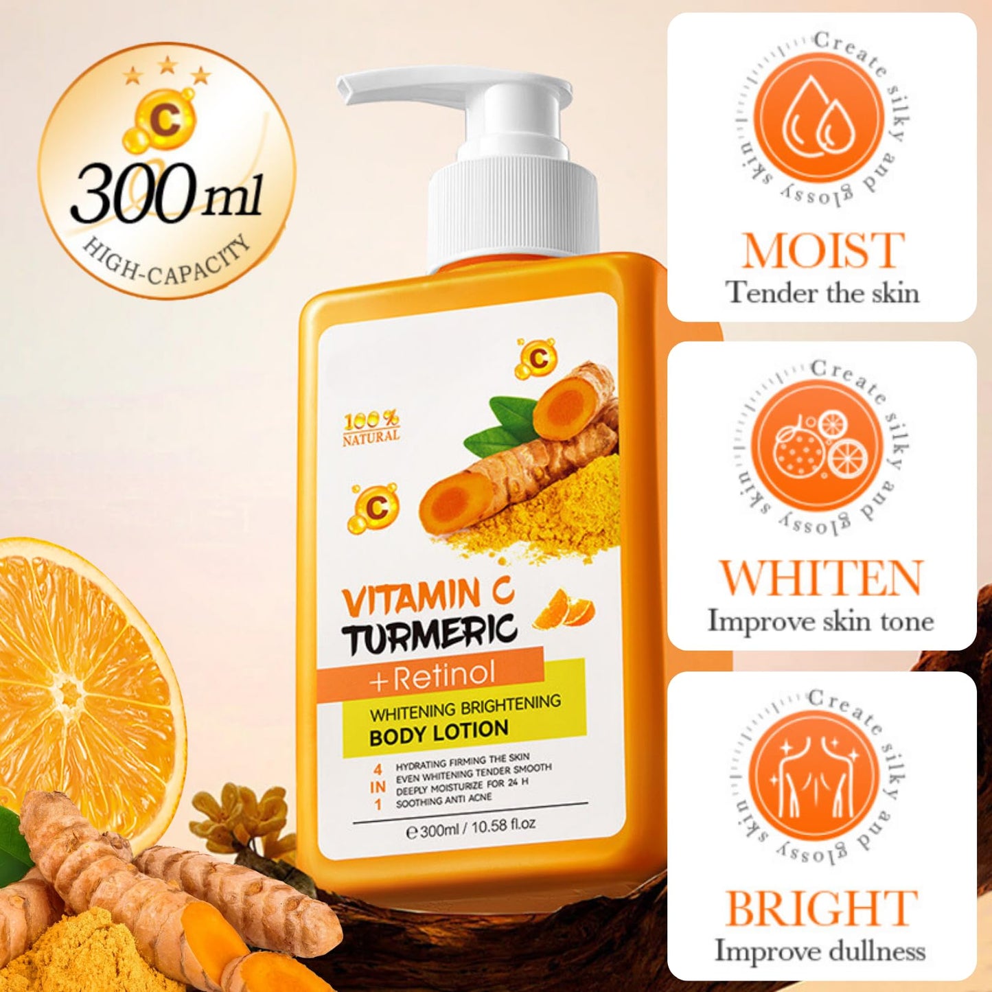 Turmeric & Vitamin C Body Lotion - Multi-Purpose Body Lotion - Turmeric,Vitamin C with Retinol Cream - Large-Capacity Body Moisturizer for Dry Skin - Remove Dark Spots,Smooth,Bright Skin 300ml
