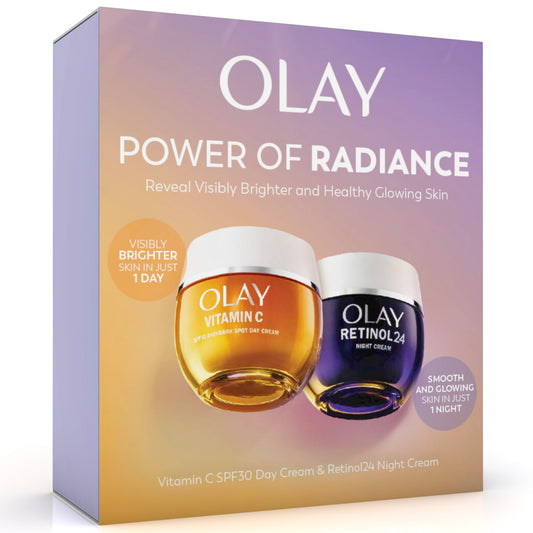 Olay Power of Radiance Giftset: Vitamin C Anti-Dark Spot SPF 30 Face Moisturiser Day Cream 50ml + Retinol 24 Night Cream Face Moisturiser 50ml, Skincare for Glow, Brightening and Overnight Renewal
