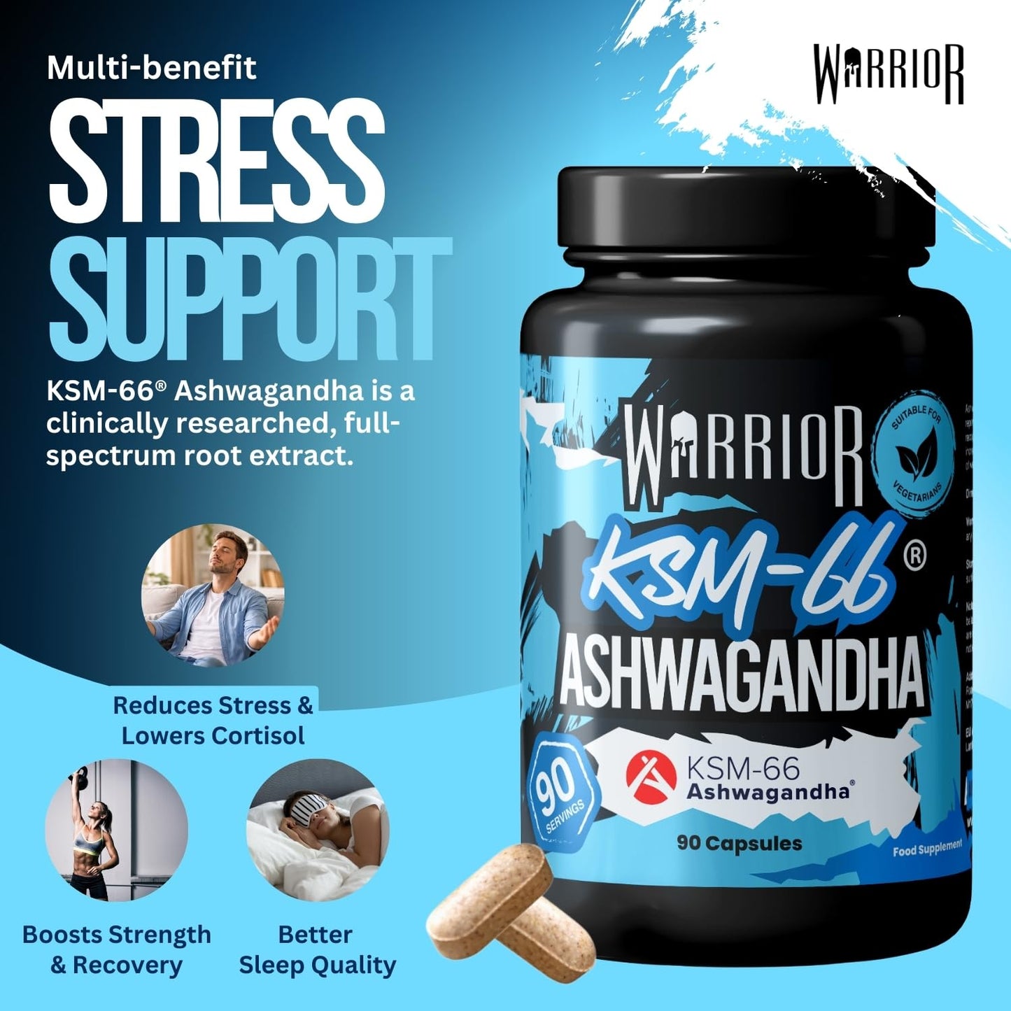Warrior Ashwagandha KSM 66 – 300mg Ashwagandha Root Extract, High Strength Adaptogen for Stress Relief, Cortisol, Immune System Booster, & Energy Booster for Tiredness – Sleep Supplement – 90 Capsules