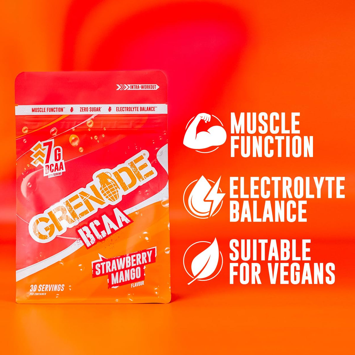 Grenade BCAA Intra Workout Powder Zero Sugar Drink Packed with Amino Acids Including B-Vitamins, Magnesium & Glutamine (30 Servings) - Strawberry Mango, 390 g (Pack of 1)
