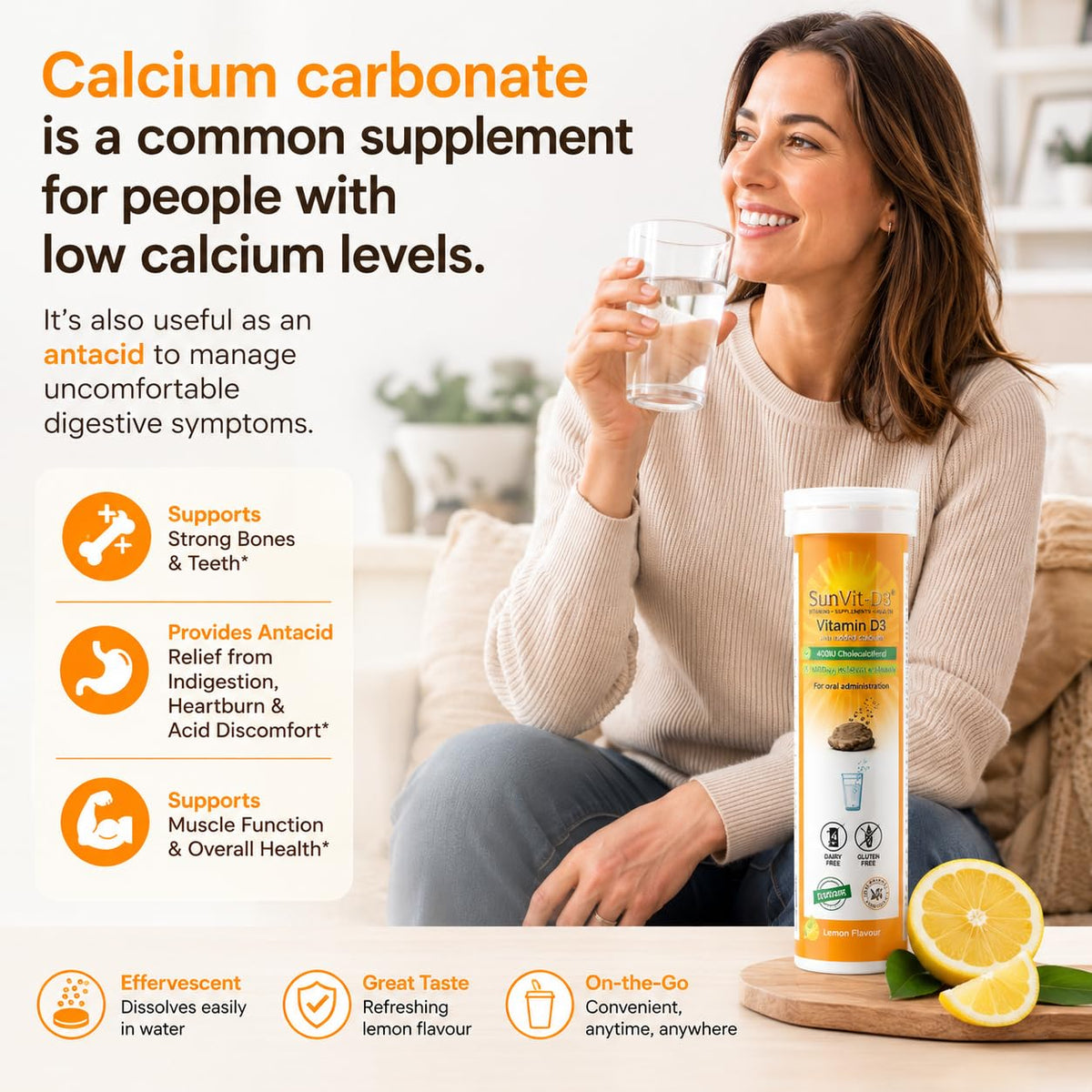 SunVit-D3 Sunvit-D3 Dissolvable Effervescent Lemon Calcium Fizzy Tablets 600mg, with Vitamin D3 400IU Daily Support for Strong Bones & Immune Health, Effervescent Calcium and Vitamin D Tablets 14 X 4 Tubes