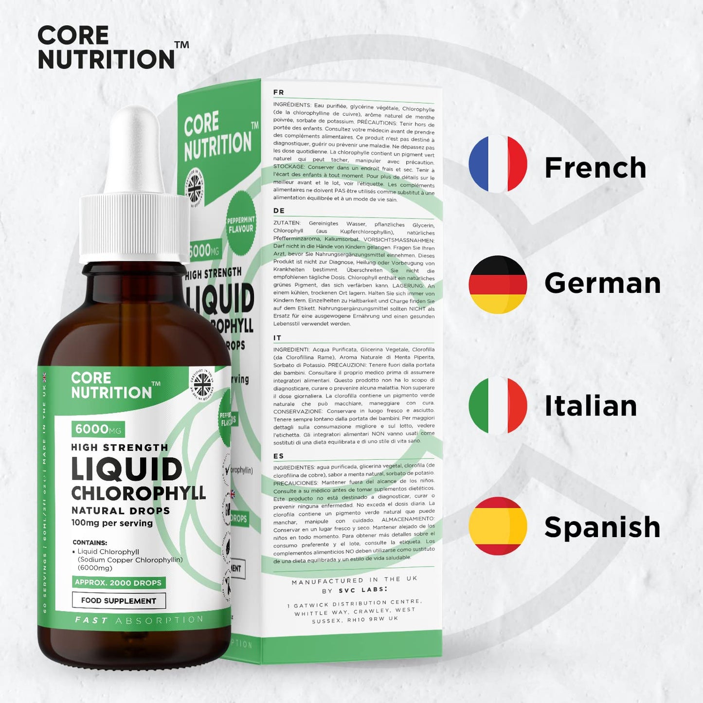 Liquid Chlorophyll Drops for Water - High Strength of 12,000mg per 2X 60ml Bottle at 4X Concentration - 4 Month Supply of Chlorophyll Liquid Drink - Made in UK by Core Nutrition (2X Pack)