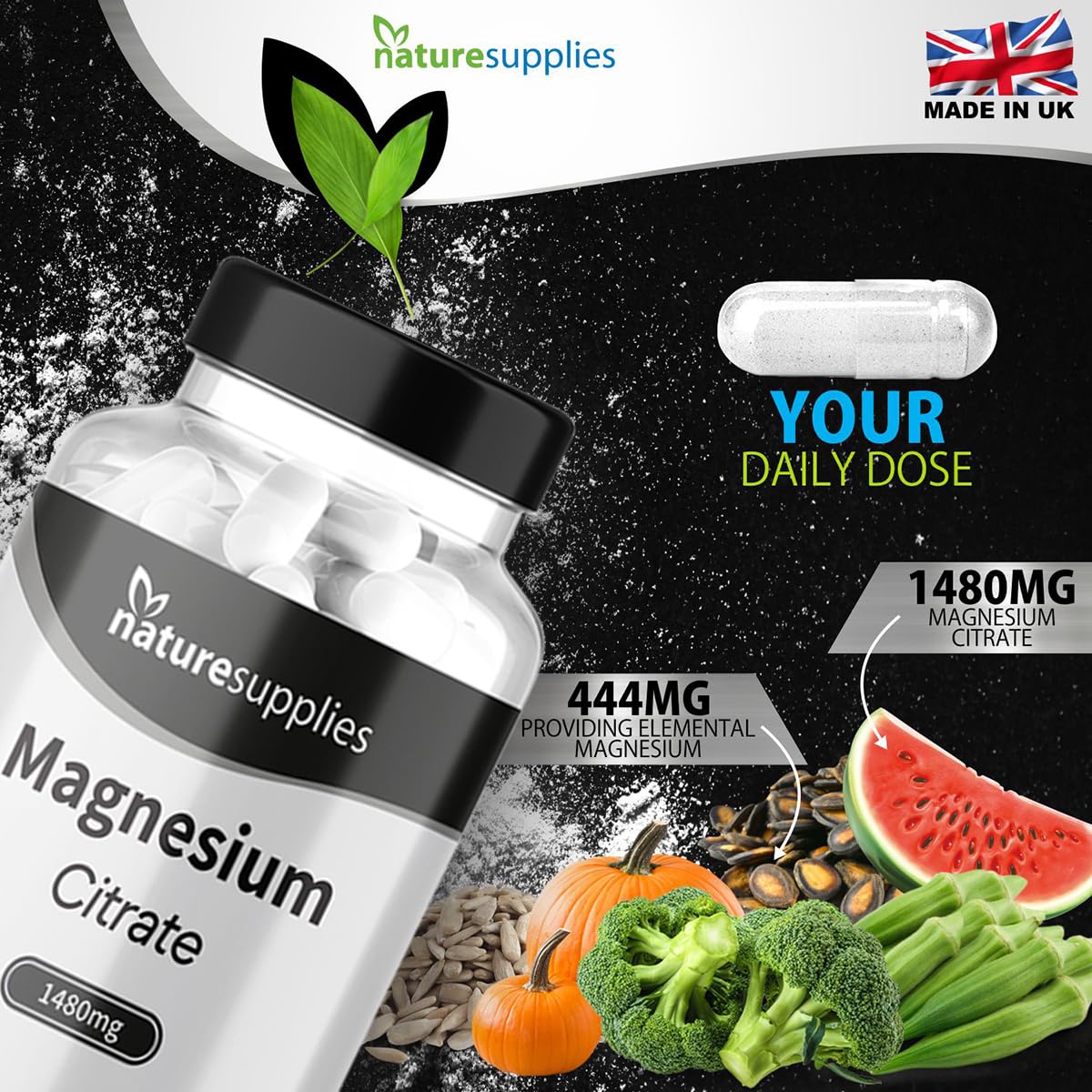Magnesium Citrate Capsules 1480mg, 180 Per Bottle 3 Months Supply UK-Made, High Absorption Magnesium Supplements, Contributes to The Normal Function of Bones, Teeth, Energy - Naturesupplies…