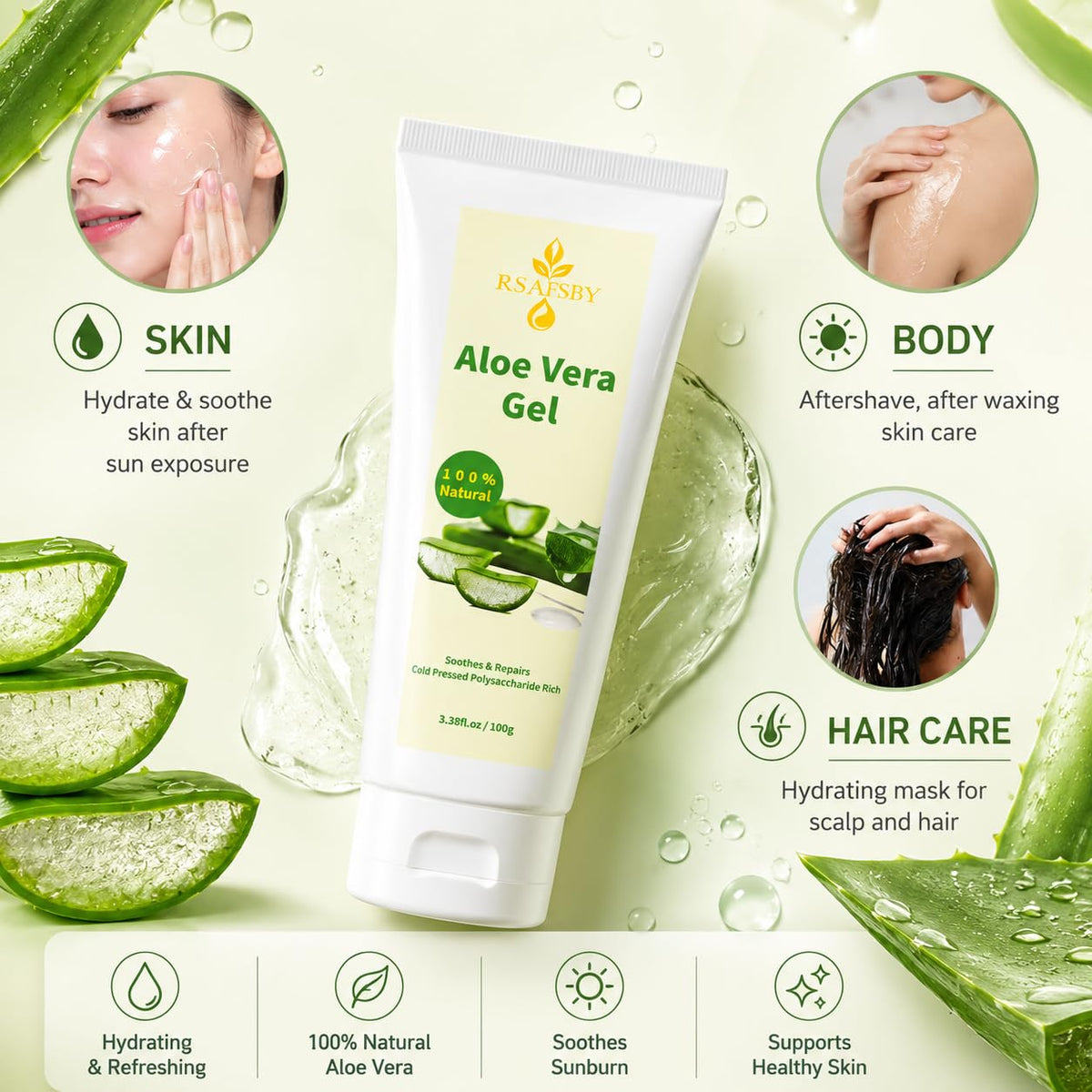 RSAFSBY 100% Natural Aloe Vera Gel for Face, Body & Hair - 100g Cold Pressed - Soothing, Hydrating & Repairing - Relieves Dry Skin, Sunburn, Blemishes & Itchy