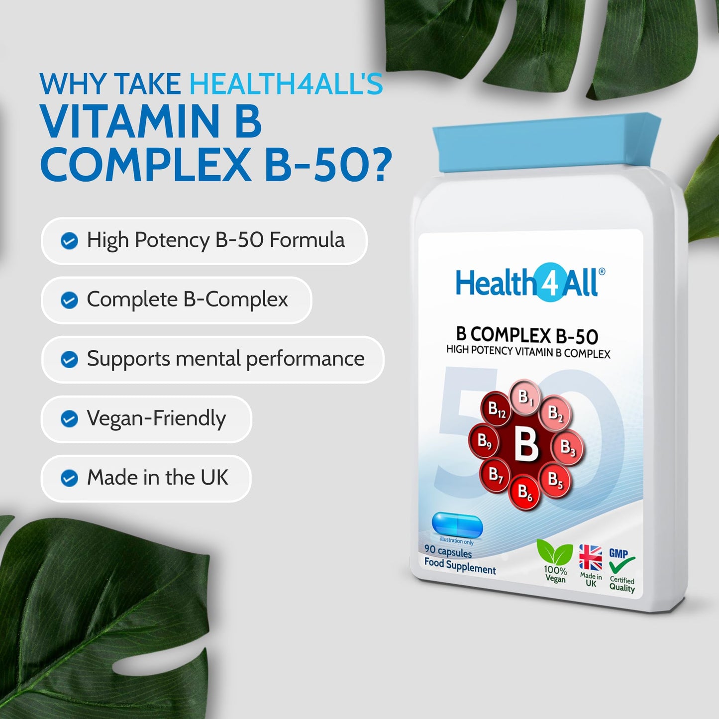 Health4All Vitamin B Complex B-50, 90 Capsules - 3 Months Supply, Hight Potency, Vegan