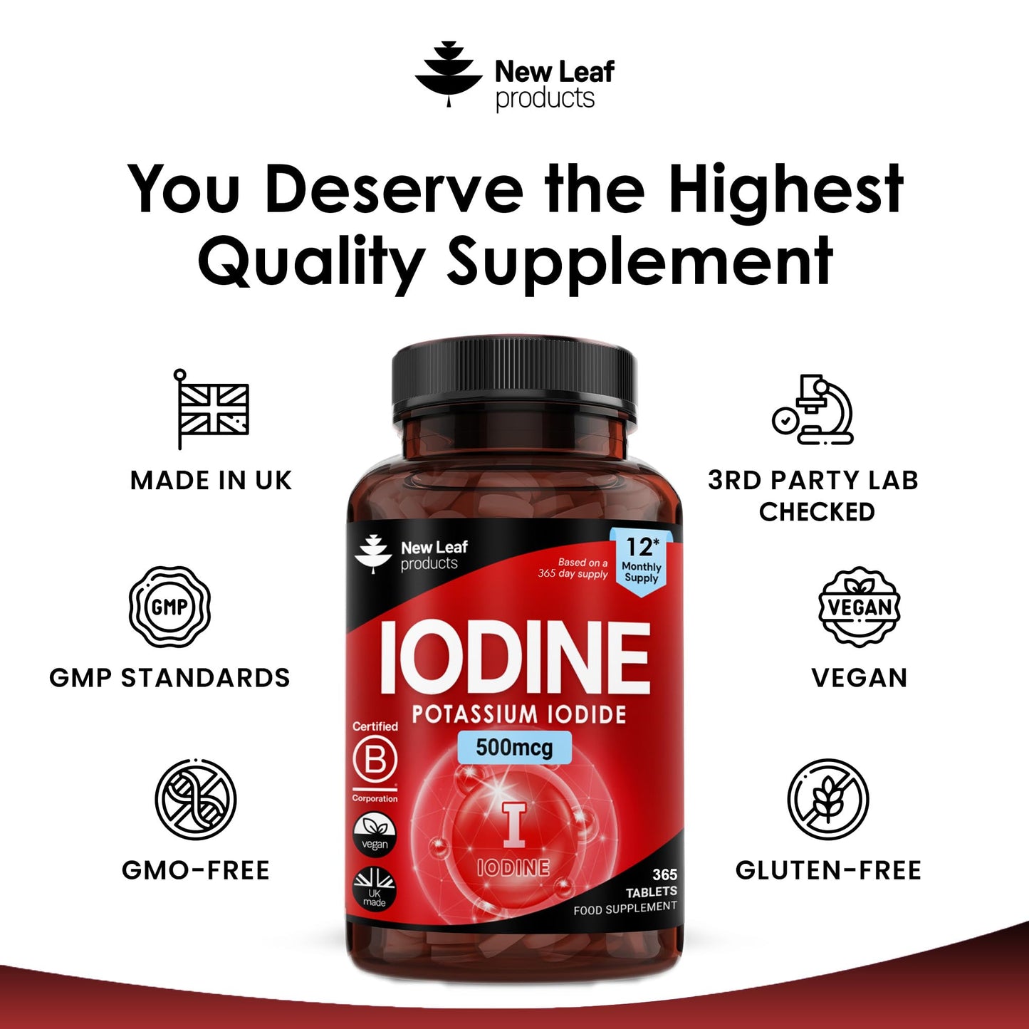 NEW LEAF PRODUCTS Iodine Tablets 500mcg 365 (1 Year Supply) Vegan High Strength Tablets Iodine Supplements, Natural Source of Iodine from Potassium Iodide GMO Free, GMP, Made in UK by New Leaf