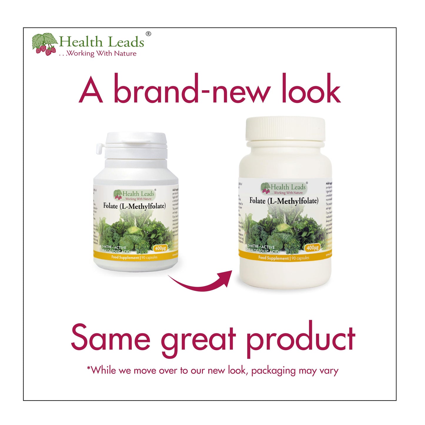 Health Leads ...Working With Nature Folate (L-Methylfolate) 400μg x 90 Capsules - 5-MTHF Active Form of Folic Acid/Vitamin B9 - Supports Normal Maternal Tissue Growth During Pregnancy - PRENATAL- Magnesium Stearate Free - Made in Wales