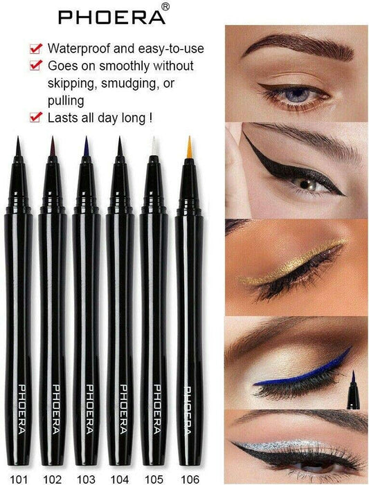 Phoera AQUAPURITY PHOERA® WATERPROOF LIQUID EYELINER PEN BROWN BLACK AND 4 MORE COLOURS SMUDGE PROOF EYE LINER LONG LASTING MAKEUP COSMETICS UK (103 DARK BLUE)