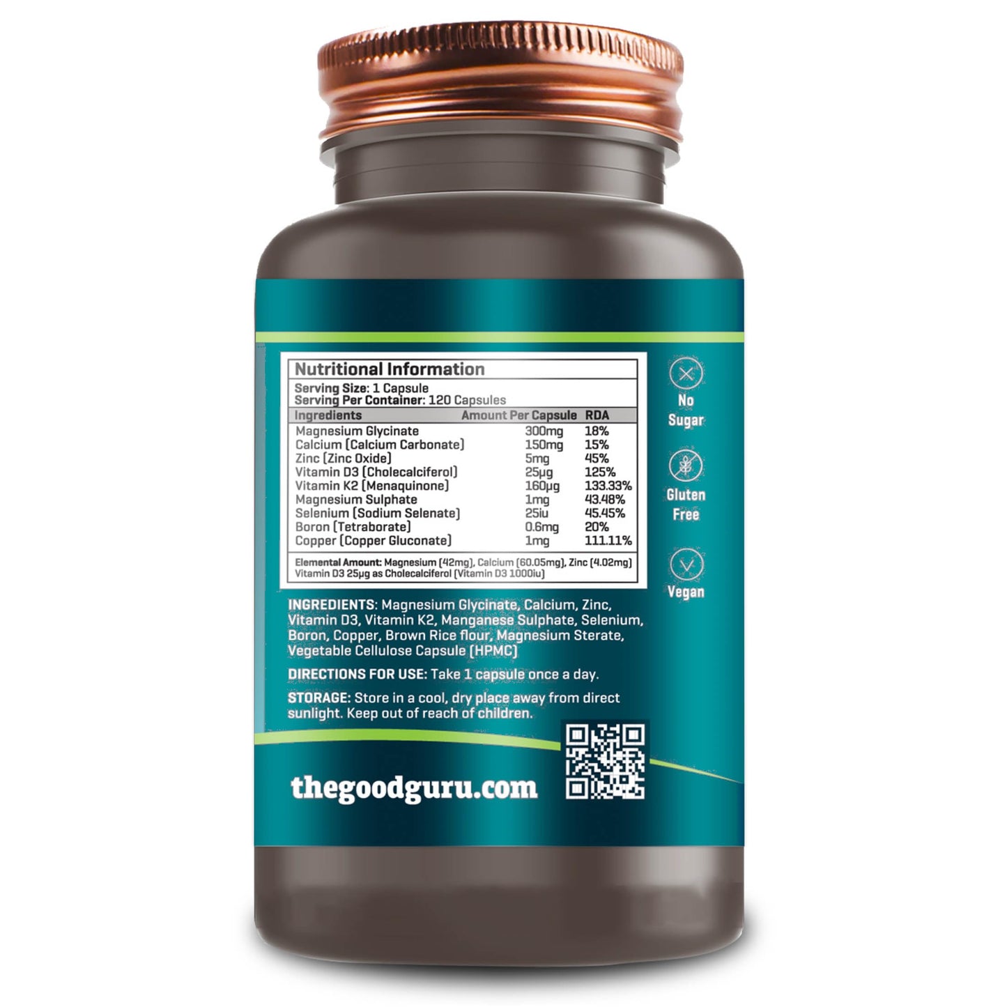 The Good Guru Magnesium Glycinate + Calcium + Zinc + Vitamin D3 1000iu Capsule Supplement - 300mg Magnesium | 120 Capsule for Ultimate Bone and Joint Health Complex