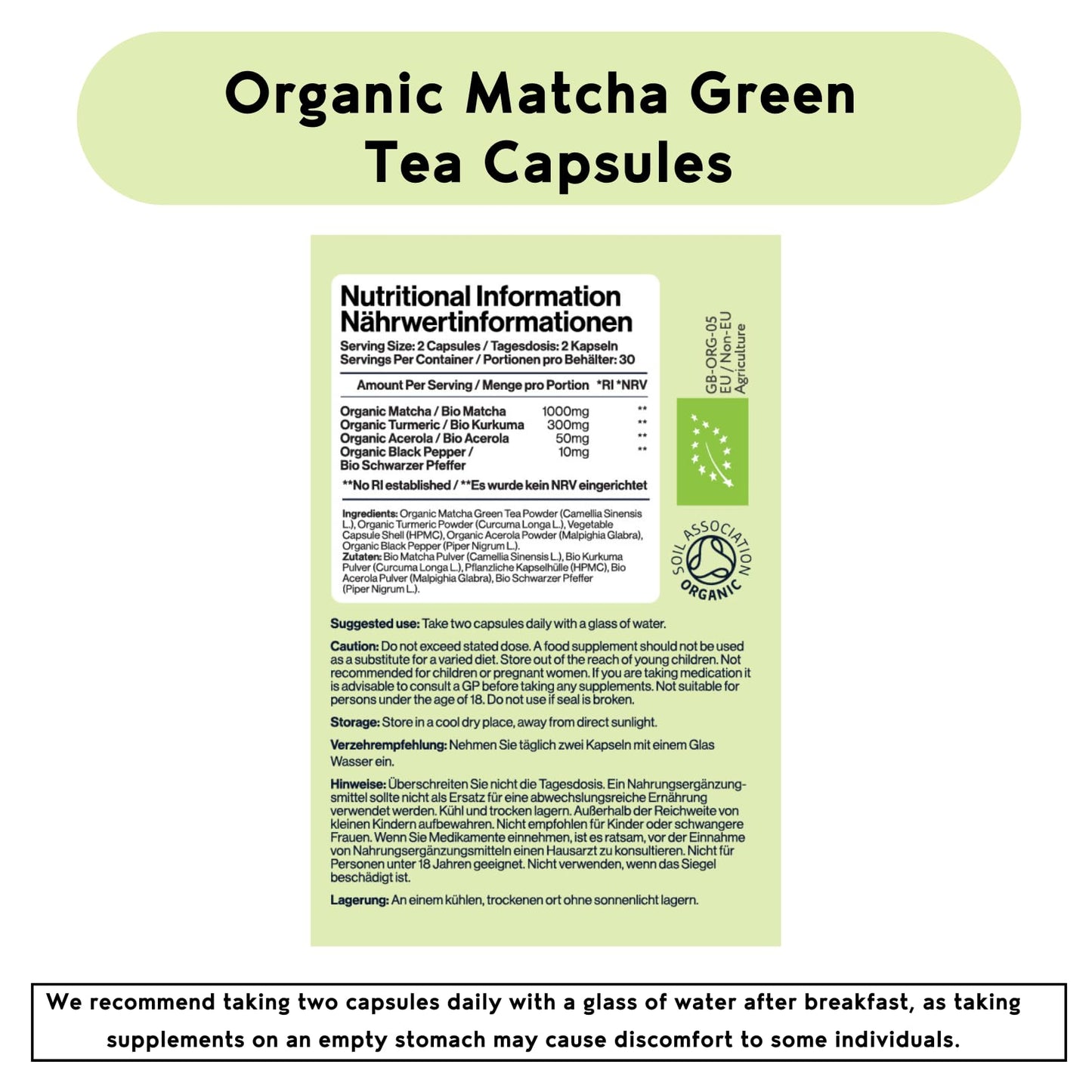 The Pretty Smart Food Co Green Tea Extract Capsules - Organic Matcha Green Tea Tablets - Boosted with Turmeric, Acerola Cherry & Black Pepper - 1360MG Complex - Green Tea Supplement - 60 Capsules - UK Made