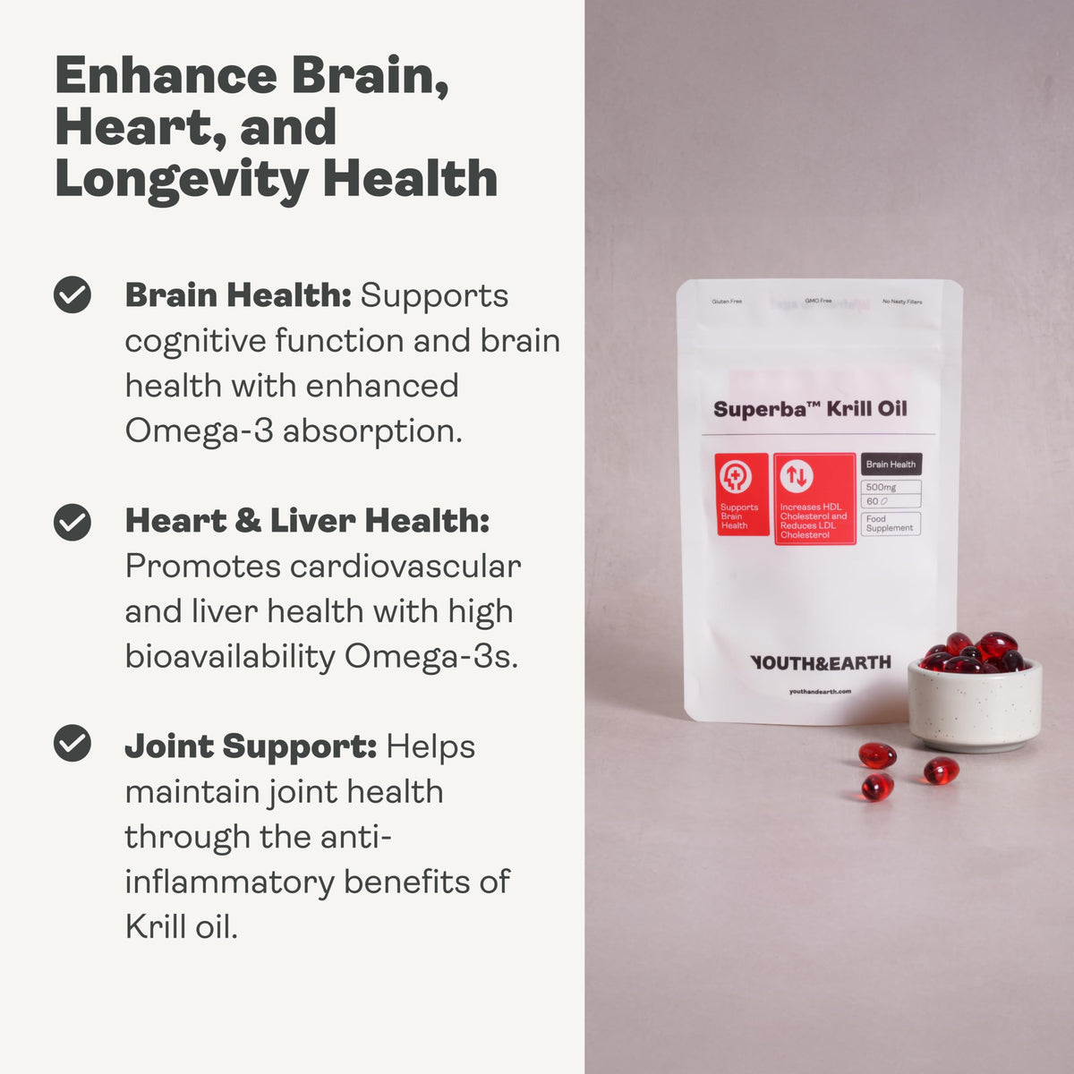 Youth & Earth Superba™ Red Krill Oil 500mg - Astaxanthin & EPA DHA Omega 3 Supplements for Brain Health, Heart Support & Cholesterol Management | 60 Softgels