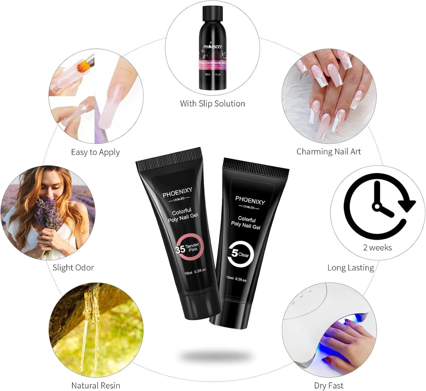 phoenixy Phoenixy Poly Nail Gel Kit, 6 Colour Poly Nail Gels Set 15ML Clear Nude Pink Builder Nails Gel Nail Extension Basic Gifts Kits for Women