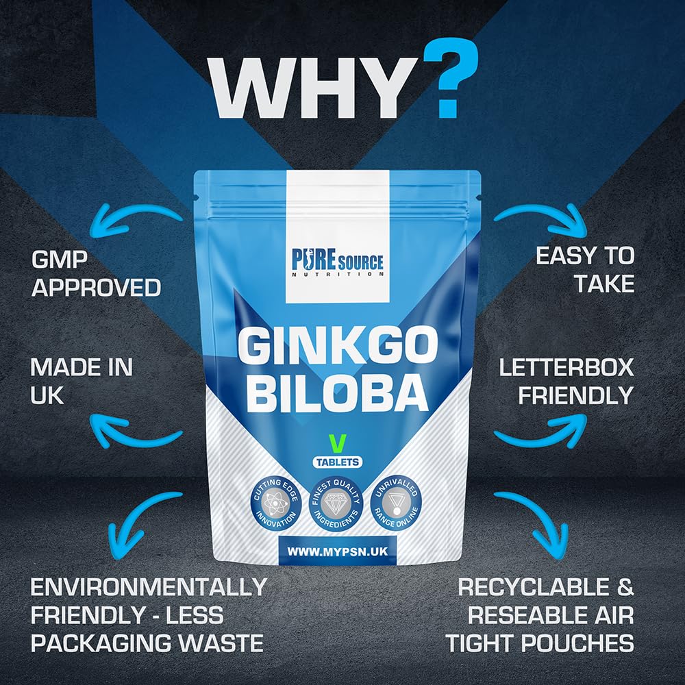 Ginkgo Biloba 6000mg - High Strength Vegan Tablets | Ginkgo Biloba 50:1 Leaf Extract,Gluten Free, GMO Free - Made in UK by Pure Source Nutrition (90 Tablets)