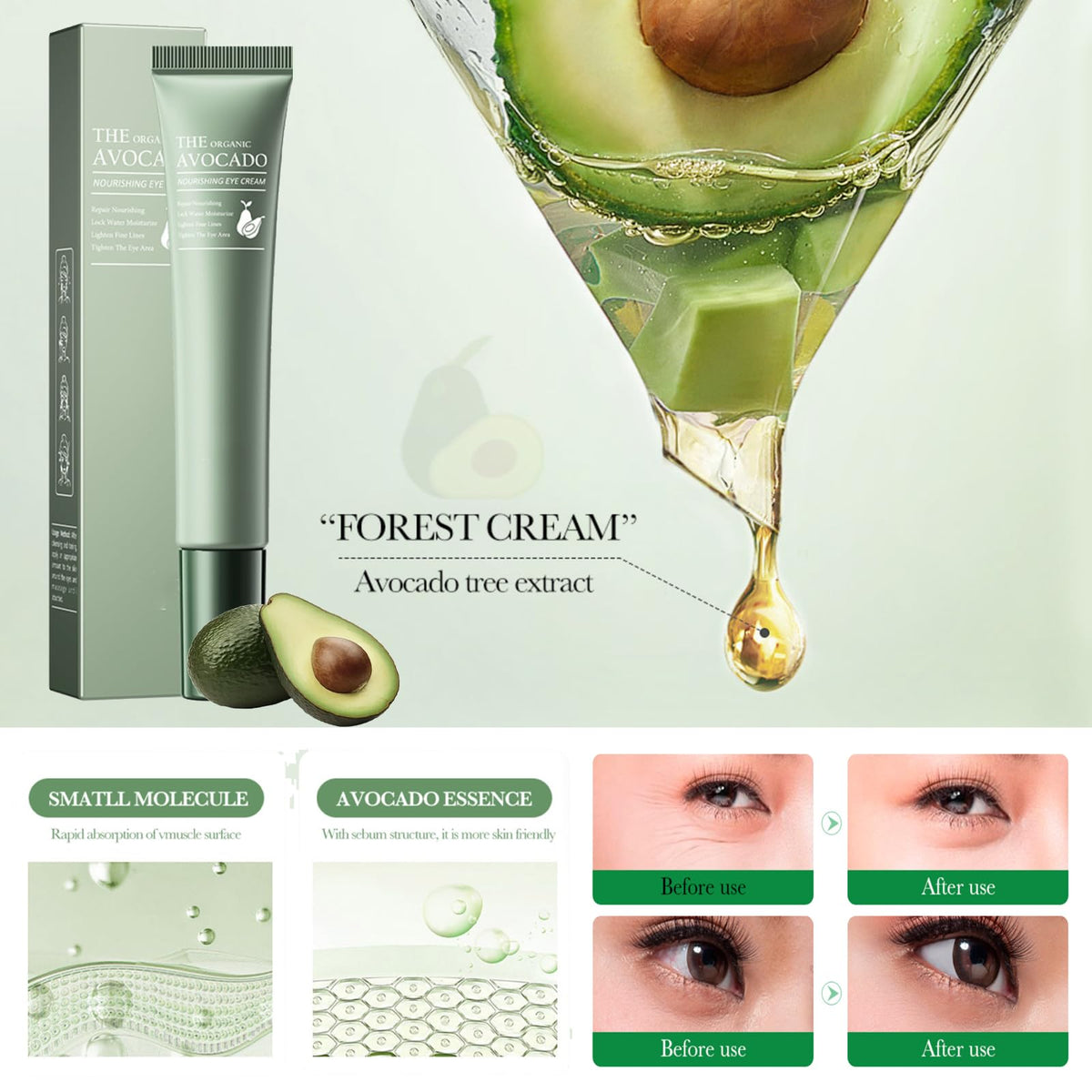 RUICHING Avocado Eye Cream for Dark Circles and Puffy Eyes, Moisturizing Under Eye Cream, Eye Tightener Serum, Anti Aging Anti Wrinkle Reduce Fine Lines, Brightening Eye Repair Cream