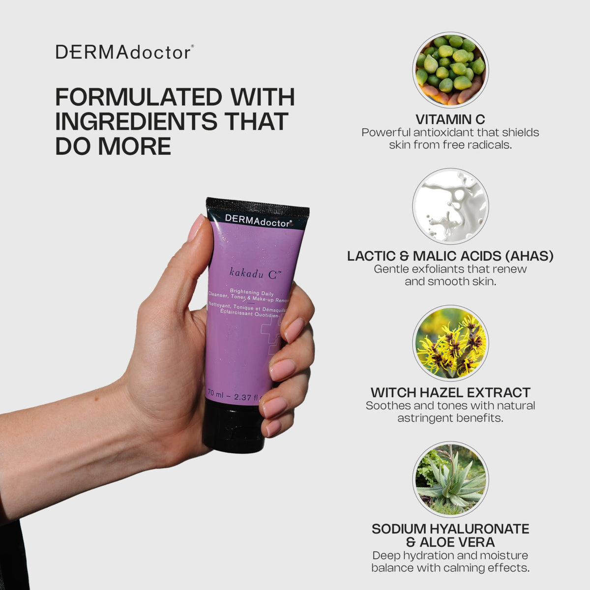 DERMAdoctor Kakadu C Brightening Daily Cleanser – 3-in-1 Vitamin C Face Wash, Toner & Makeup Remover for Dull, Uneven Skin – Soap-Free Hydrating Gel – 210 Millilitres (DR-KCDC7)