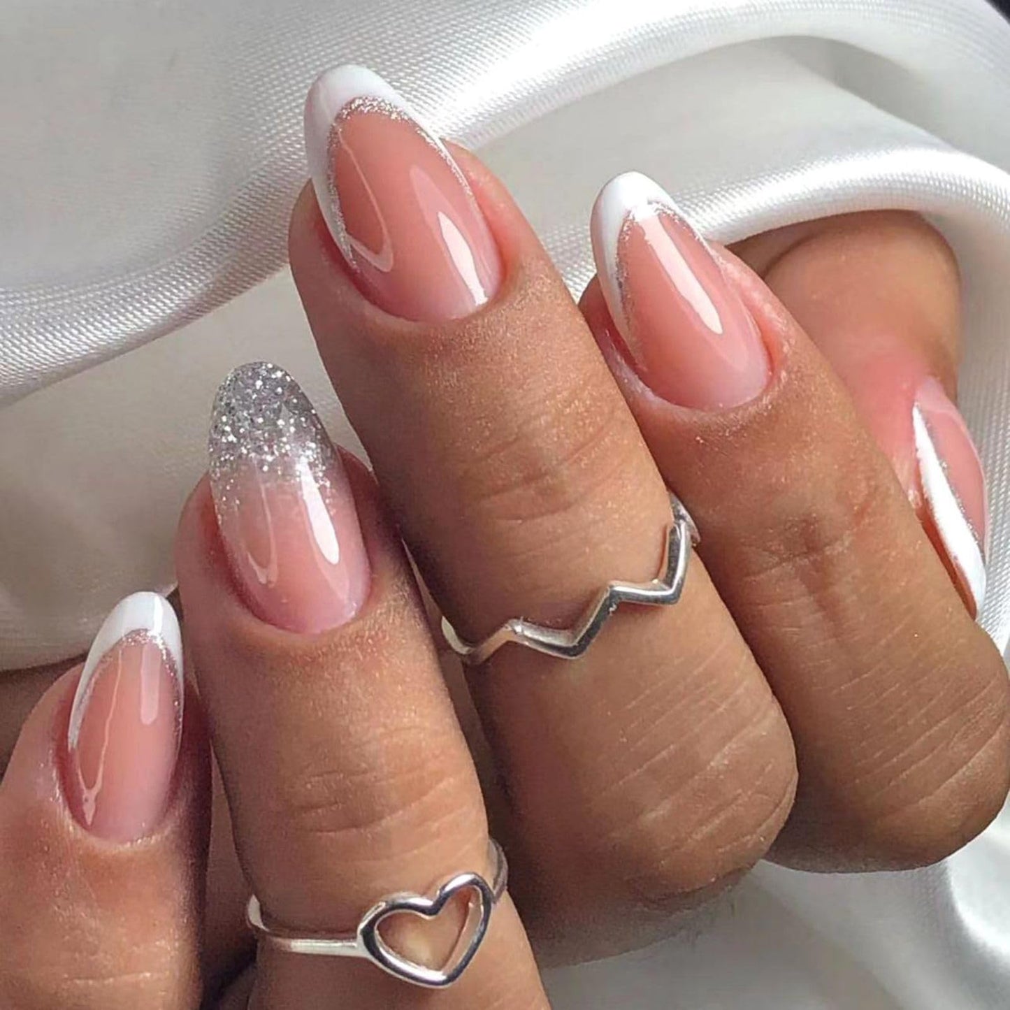 Angwis 24pcs Short Almond False Nails French White Tip Stick on Nails Glitter Silver Press on Nails Removable Glue on Nails Full Cover Fake Nails Women Bridal Nail Art Accessories