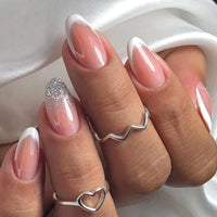 Angwis 24pcs Short Almond False Nails French White Tip Stick on Nails Glitter Silver Press on Nails Removable Glue on Nails Full Cover Fake Nails Women Bridal Nail Art Accessories