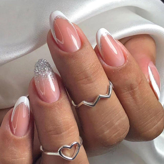 Angwis 24pcs Short Almond False Nails French White Tip Stick on Nails Glitter Silver Press on Nails Removable Glue on Nails Full Cover Fake Nails Women Bridal Nail Art Accessories