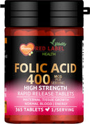 Red Label Health Folic Acid Tablets 400 mcg - 365 Vegan Vitamin B9 Tablets - 1 Year Supply - Pregnancy Care - Normal Function of Immune System & Maternal Tissue Growth During Pregnancy