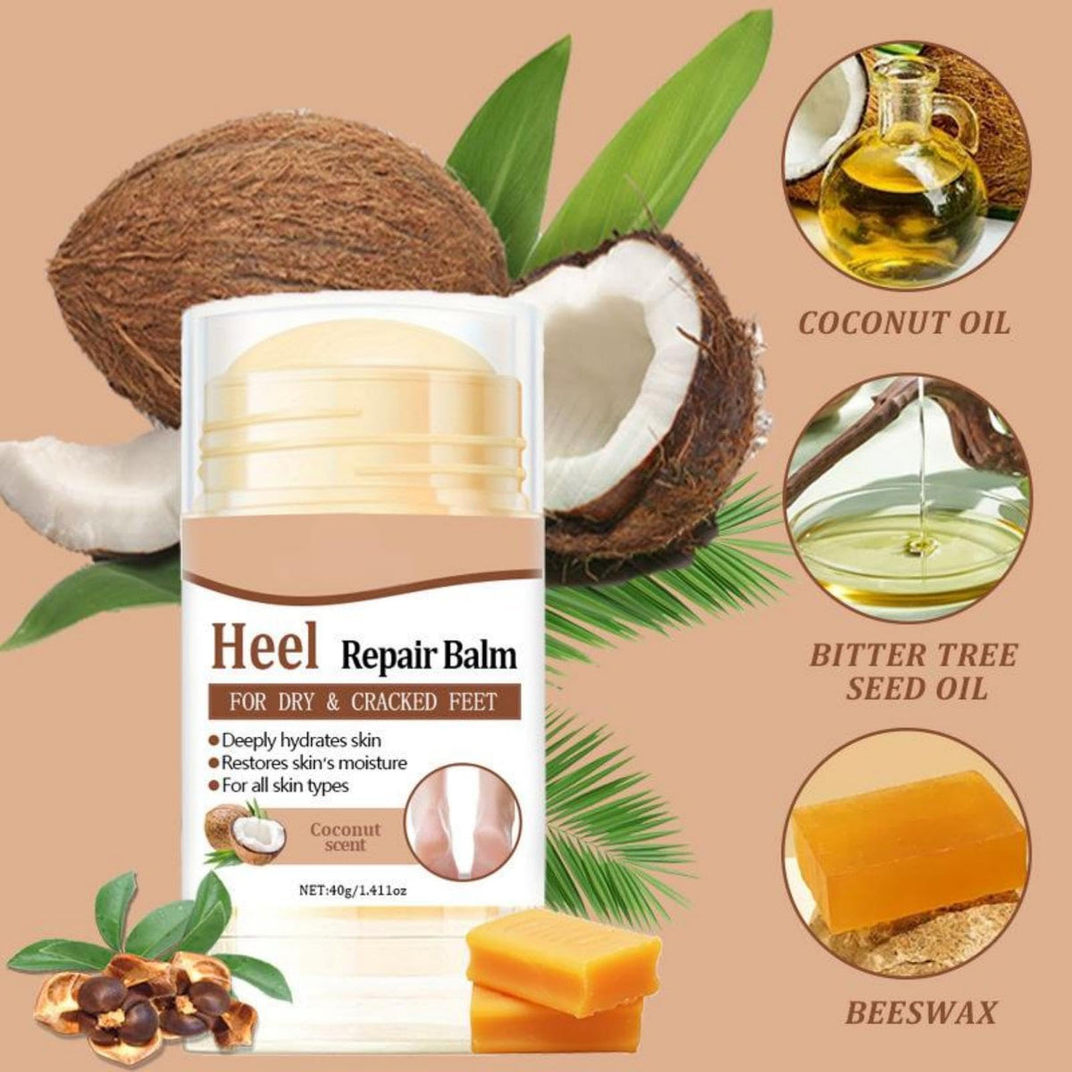 RubyTint Coconut Scented Foot Balm For Dry Cracked Heels & Rough Skin - 40g Hydrating Moisturising Stick With Natural Shea Butter & Beeswax, Non Greasy Formula Dual Pack For Men & Women