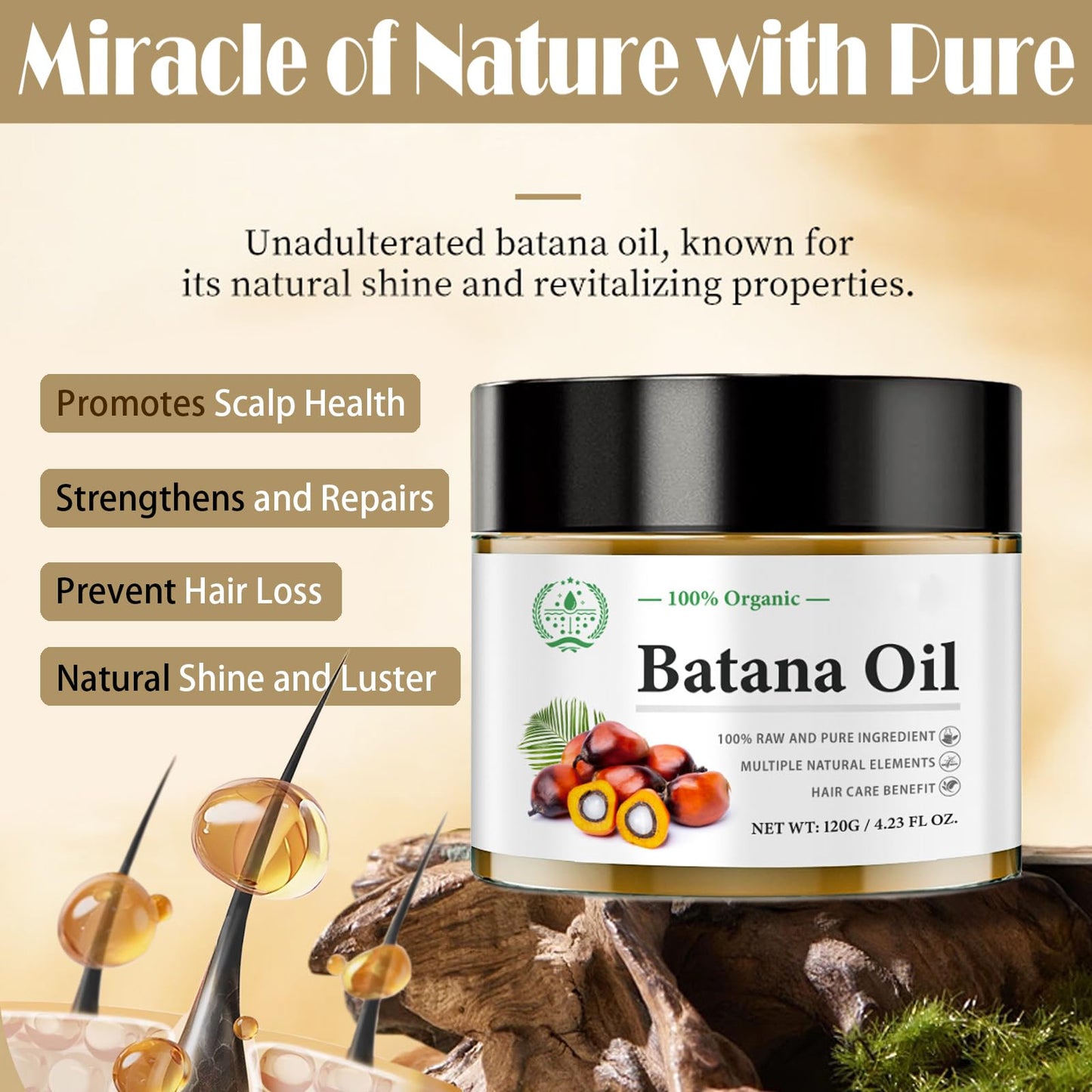 MINSHZEE Batana Oil for Hair Growth, 100% Pure Natural Batana Oil from Honduras, Organic Batana Oil as Hair Mask, Reduces Hair Loss Repairs Damaged Hair Scalp and Hair Care (120g)