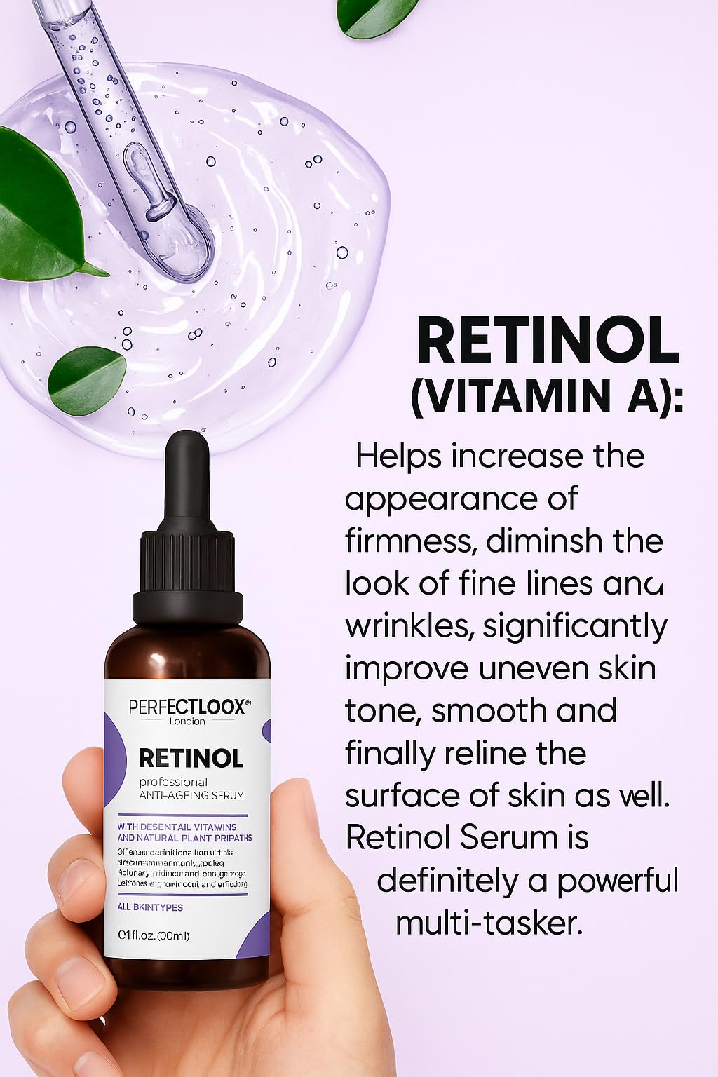 PERFECT LOOK LONDON Perfect Look London Advanced Retinol Serum with Hyaluronic Acid – Hydrating Anti-Ageing Formula for Wrinkles, Fine Lines & Dark Spots – Smoothing Vitamin A Night Serum – 30ml