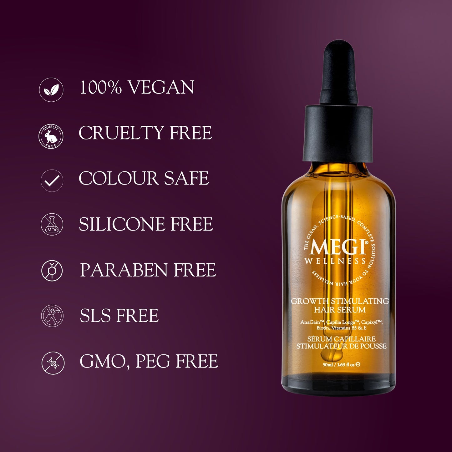 MEGI Hair Growth Serum Oil with AnaGain™, Capilia Longa™, Capixyl™,Biotin, and Vitamins - Potent Leave-In Vegan Hair Oil to Reduce Hair Loss, Prolong Follicle Life Cycle & Restore Vitality (50ml)