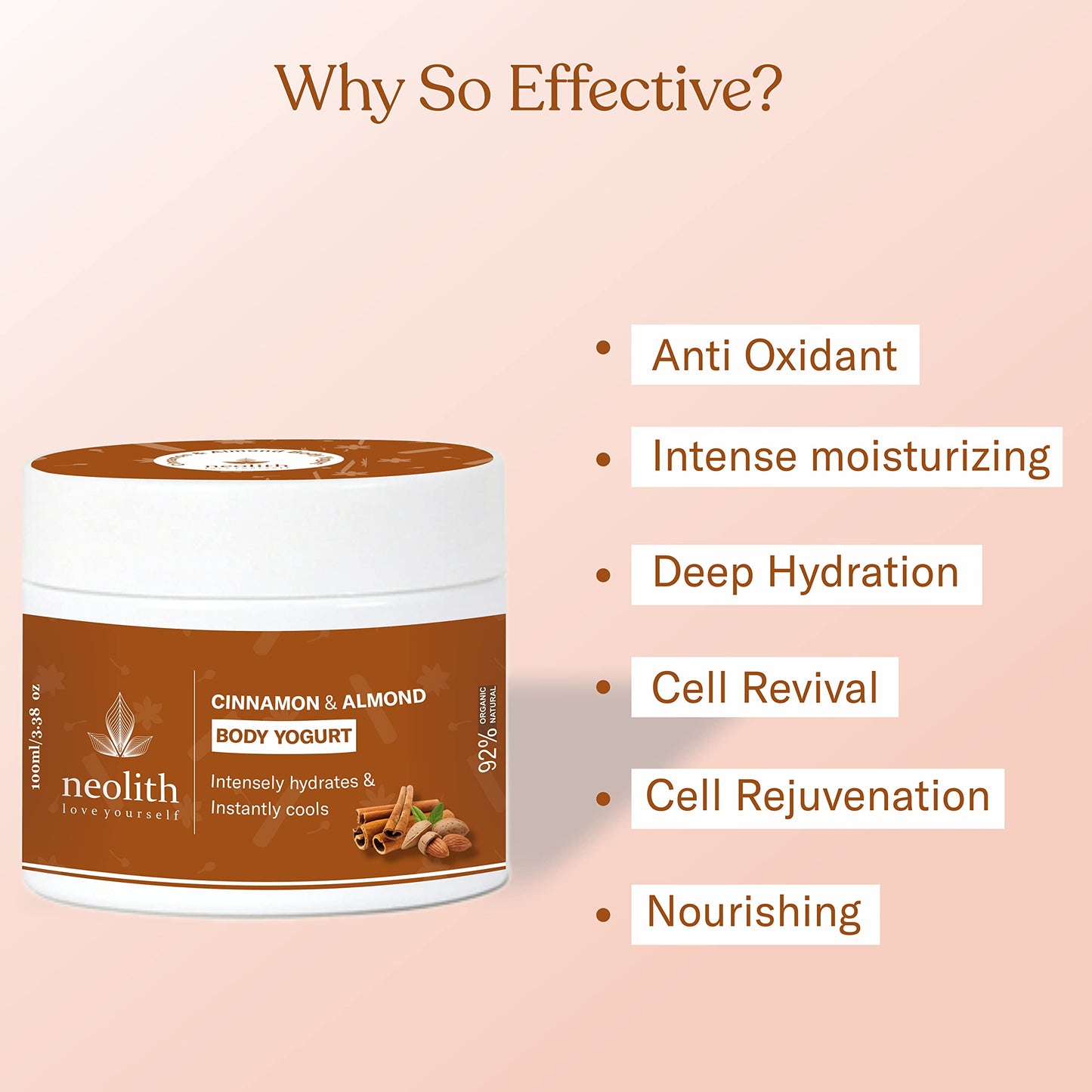 Neolith Cinnamon Almond Body Yogurt | Light weight, Non sticky, Hydrating, Nourishing, Soothing | 92% Organic & Natural,Vegan | No Parabens, No Mineral oils, No Synthetics