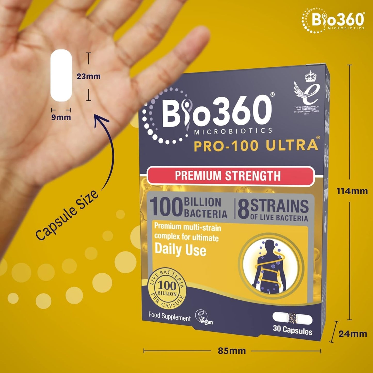 Natures Aid Bio360 Pro-100 Ultra Probiotic 100 Billion Bacteria CFU – High Strength Vegan Supplement Supports Digestive Health, Immunity, Gut Flora & Energy – Gluten-Free, Non-GMO - 30 Capsules