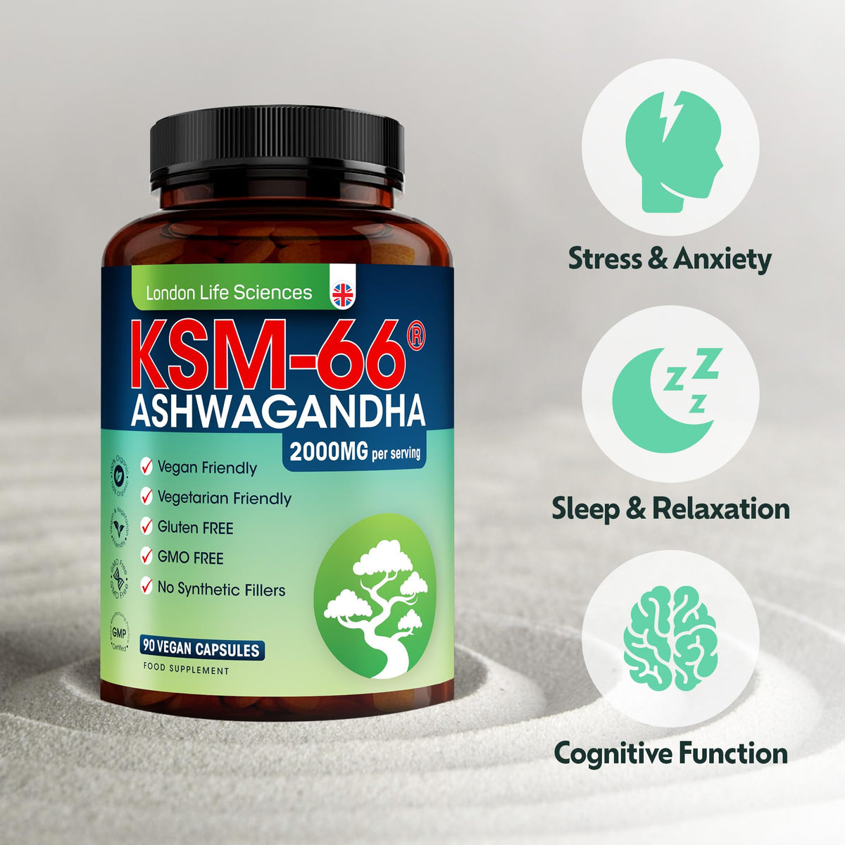 LONDON LIFE SCIENCES London Life Sciences Organic Vegan Ashwagandha KSM-66 90 Capsules - (Highest Concentration) 2000mg Servings & 5% Withanolides - Best Bioavailabili