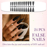 Generic 24PCS Black Almond Press-on Nails, Long Stiletto Shape with 3D Snake Design, Glossy Full Cover Fake Nails for Women, Easy Stick-On French Tip False for Quick Application