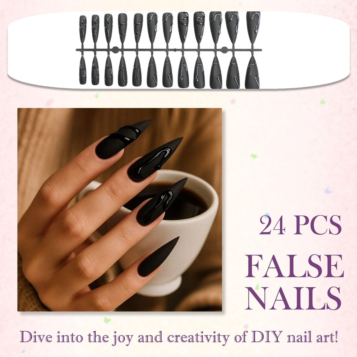 Generic 24PCS Black Almond Press-on Nails, Long Stiletto Shape with 3D Snake Design, Glossy Full Cover Fake Nails for Women, Easy Stick-On French Tip False for Quick Application