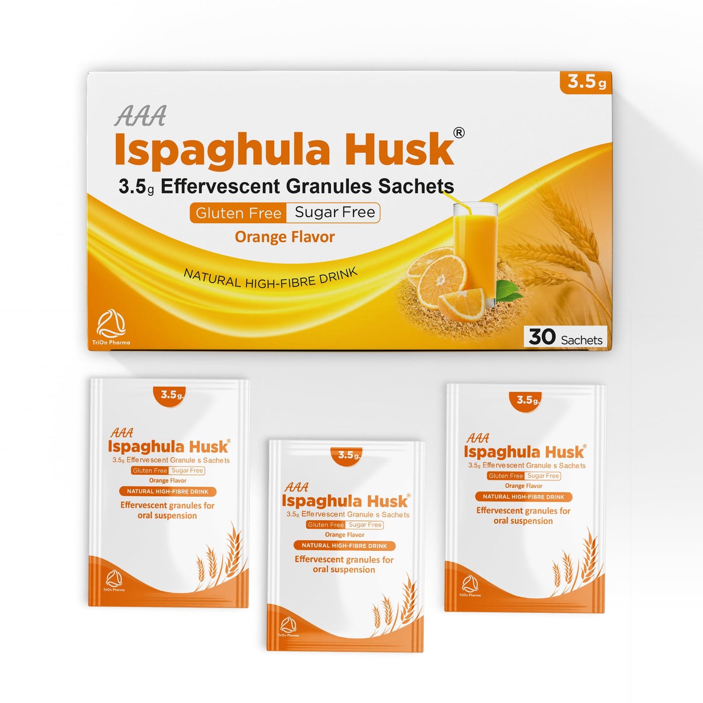 AAA Ispaghula Husk Orange Flavor – 30 Sachets |Natural High Fibre Drink | Effervescent Granules Sachets