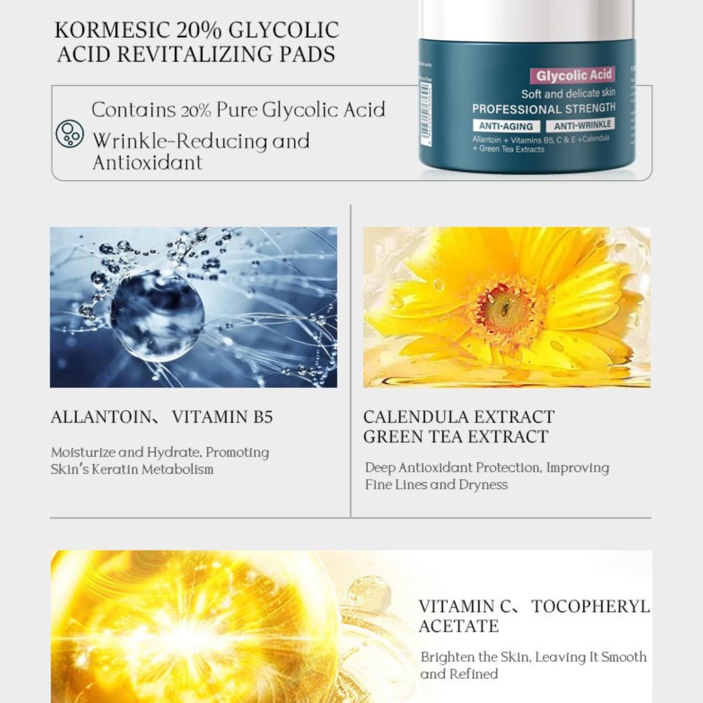 Cureluxe Glycolic Acid Resurfacing Pads - Exfoliating Facial Pads with Vitamins B5, C & E, Green Tea, Calendula - Glycolic Acid Face Toner Wipe Wash Anti Wrinkle,Soft and Delicaye Skin 50 Pads
