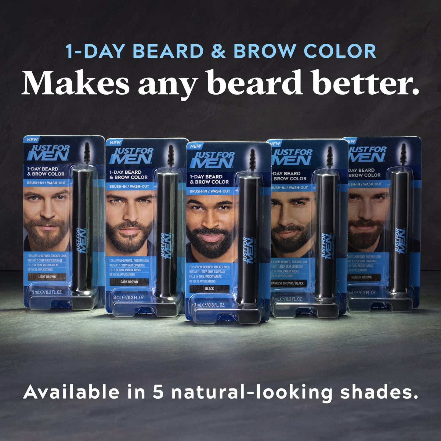 Just For Men 1-Day Beard and Brow Colour Brush, For Instant 1-Step Grey Coverage, Brush-In, Wash-Out, For A Thicker Well-Defined Look, Dark Brown