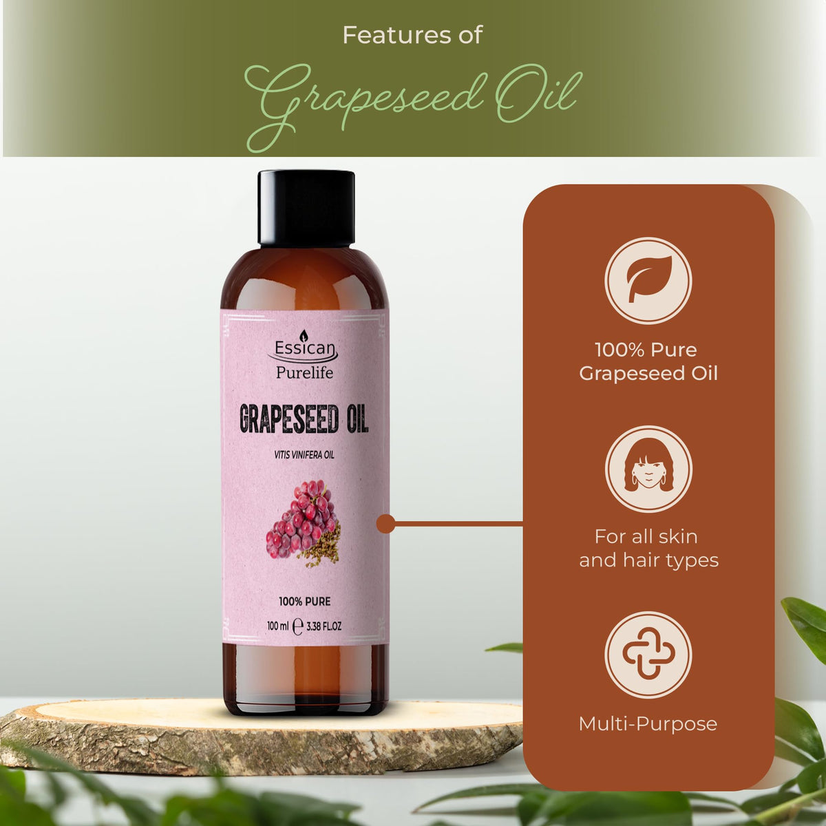 Essican Purelife 100ml Pure Grape Seed Oil for Hair, Skin & Beard, Natural Grapeseed Oil Massage Aromatherapy Body Massage Oils - Multi Use & Nourishing Scalp Moisturiser Oils with Vitamin E