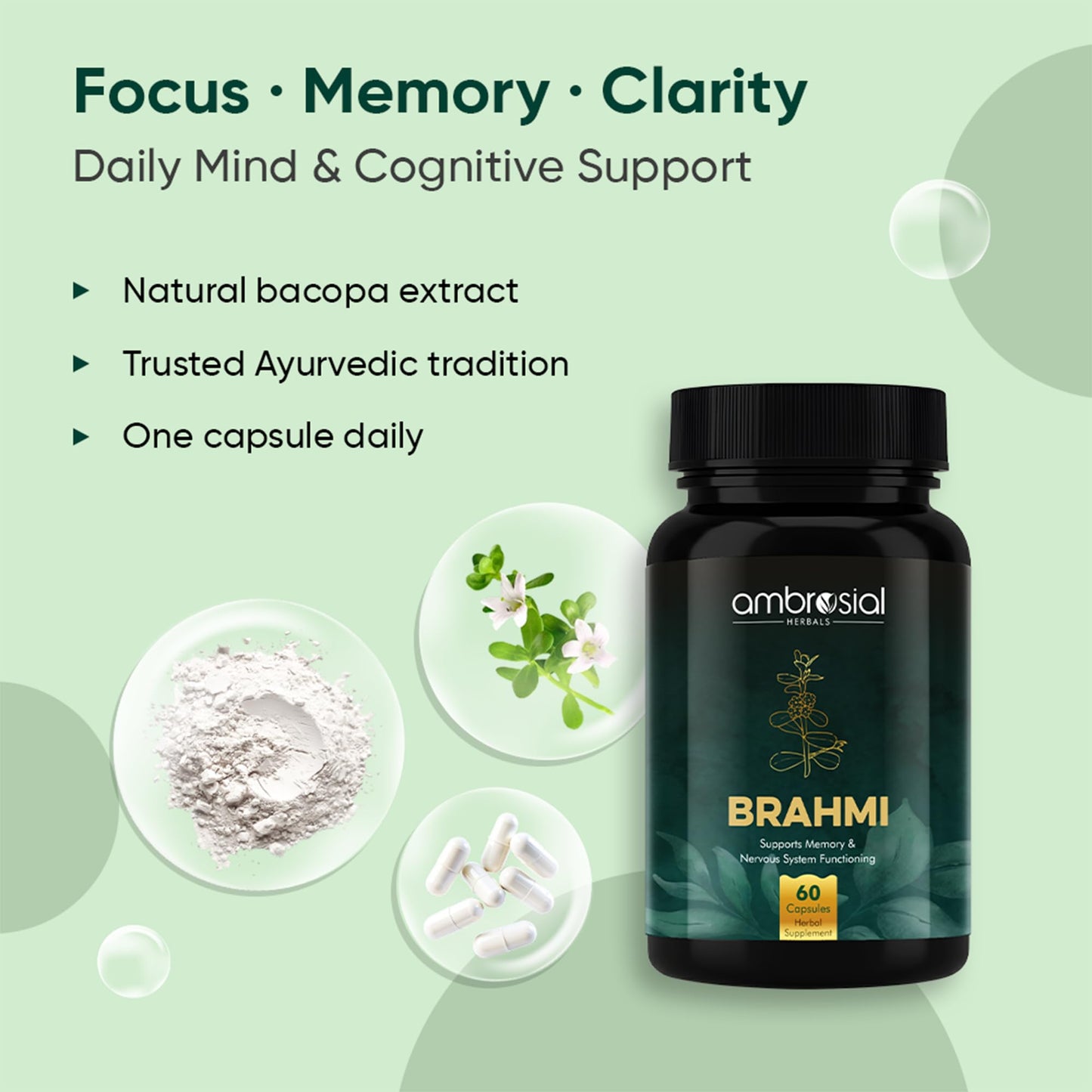 AMBROSIAL Bacopa Monnieri Brahmi Capsules - 500mg 60 Tablets | | Bacopa Extract | Non - GMO | Gluten & Allergen Free | Brain Supplement | 100% Natural Ingredients | By Ambrosial