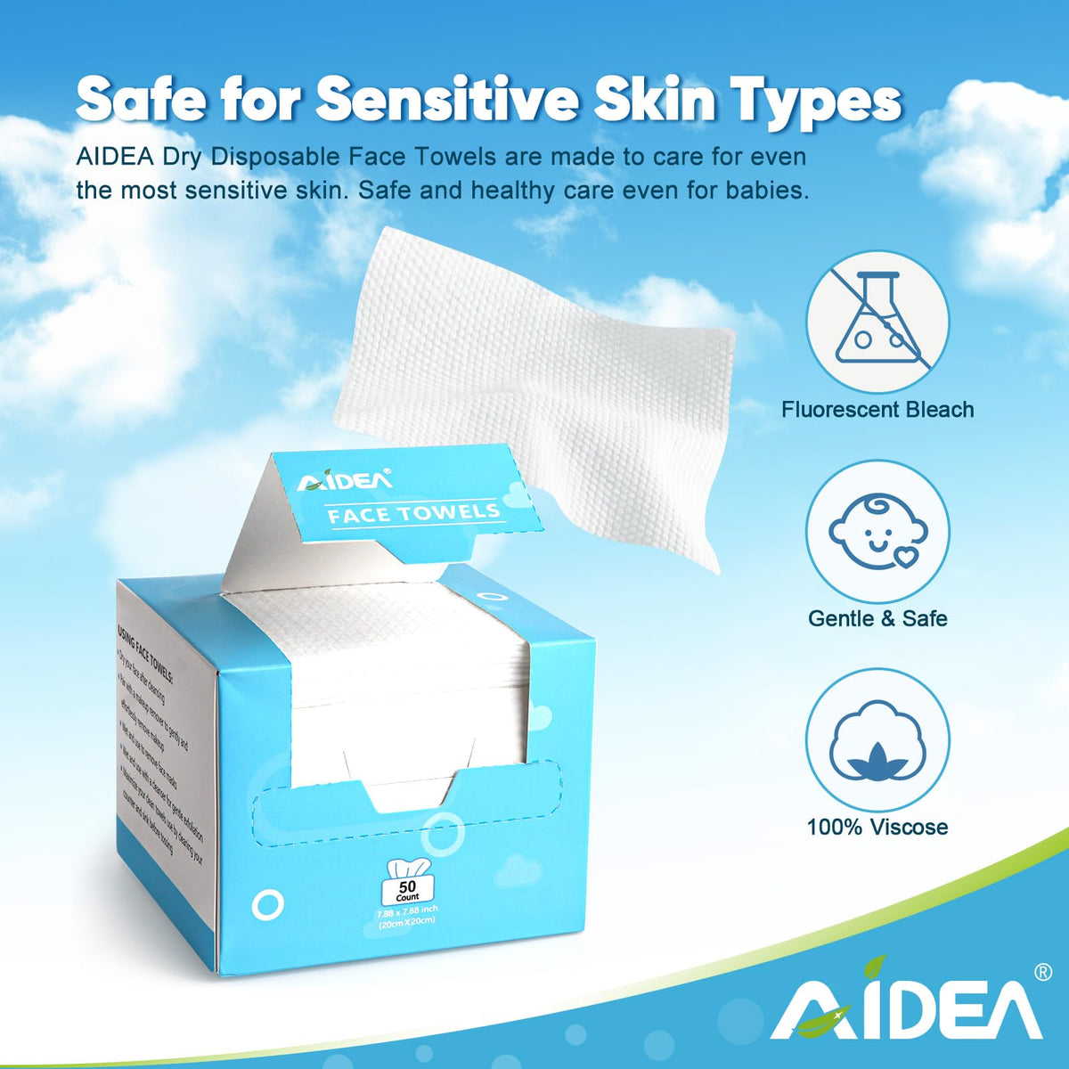 AIDEA Face Towels Disposable-50Ct (1 Box), Clean Facial Towels, Facial Cleansing Wipes for Sensitive Skin, Face Towelettes for Makeup Removing, Nursing, Travel, Dry Wipes