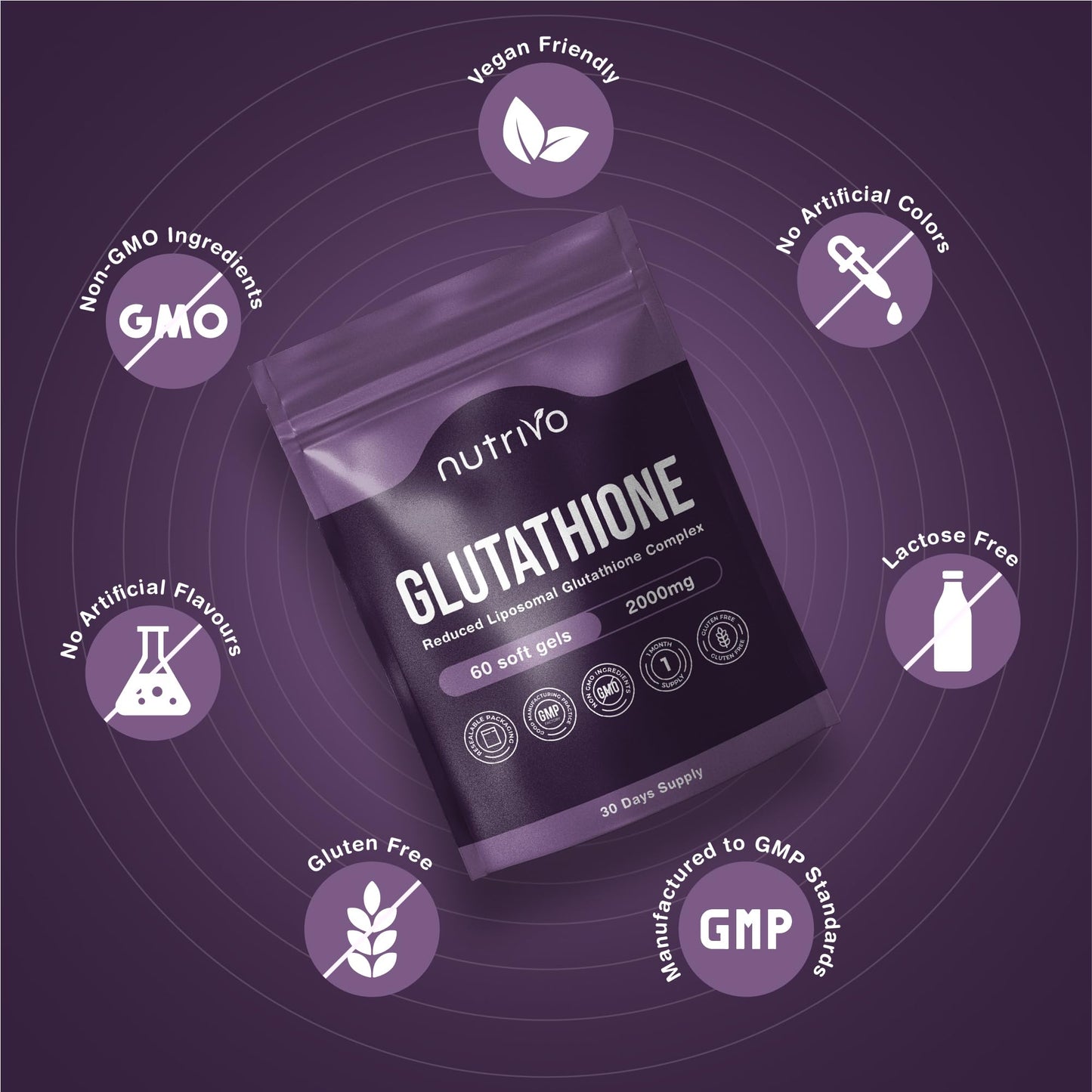 Nutrivo Liposomal Glutathione Supplement - 2000mg Complex Per Serving With Vitamin C, Collagen, Hyaluronic Acid & Phosphatidyl Choline | 60 Softgels - 1 Month Supply | Non-GMO & Third-Party Tested