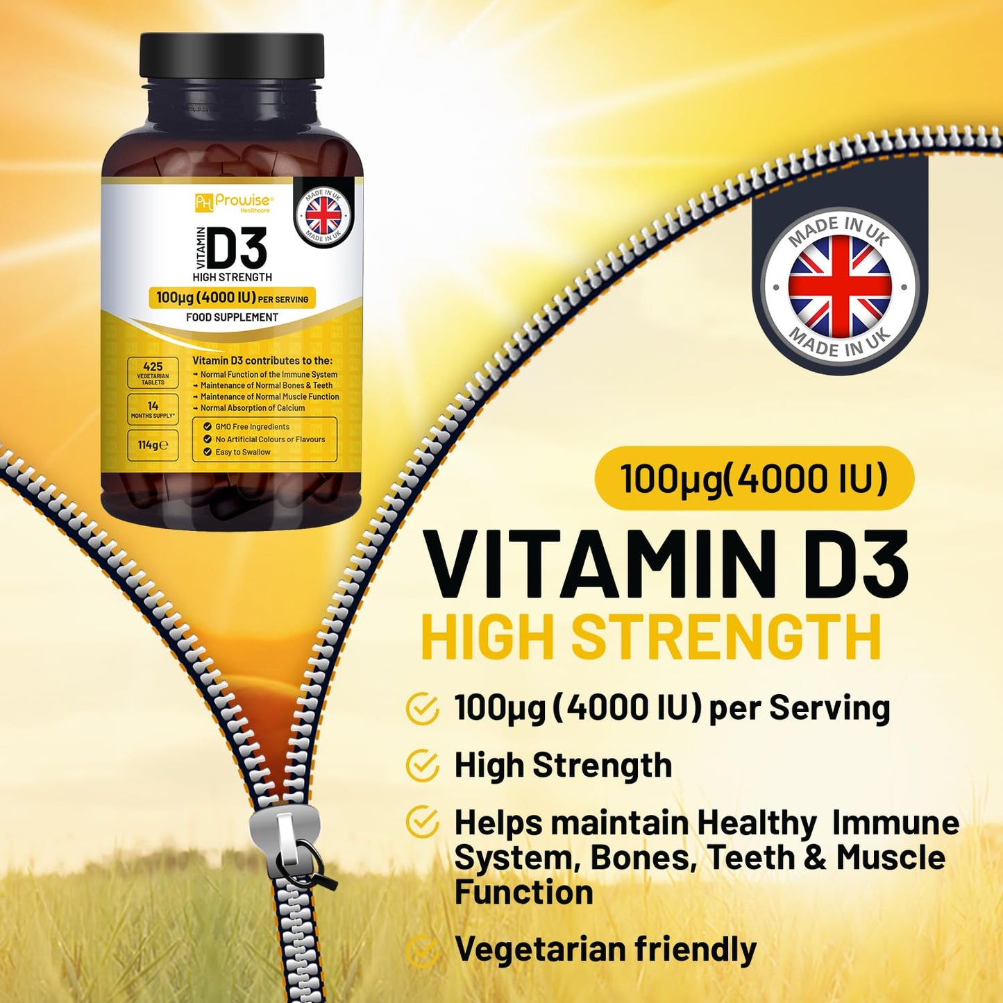 PH PROWISE Healthcare Vitamin D3 4000 IU High Strength I 425 Vegetarian Tablets (14 Months Supply) I Easy Swallow Vitamin D3 Supplement for Immune Support, Calcium Boost, Bone & Muscle I Vitamin D Made in the UK by Prowise