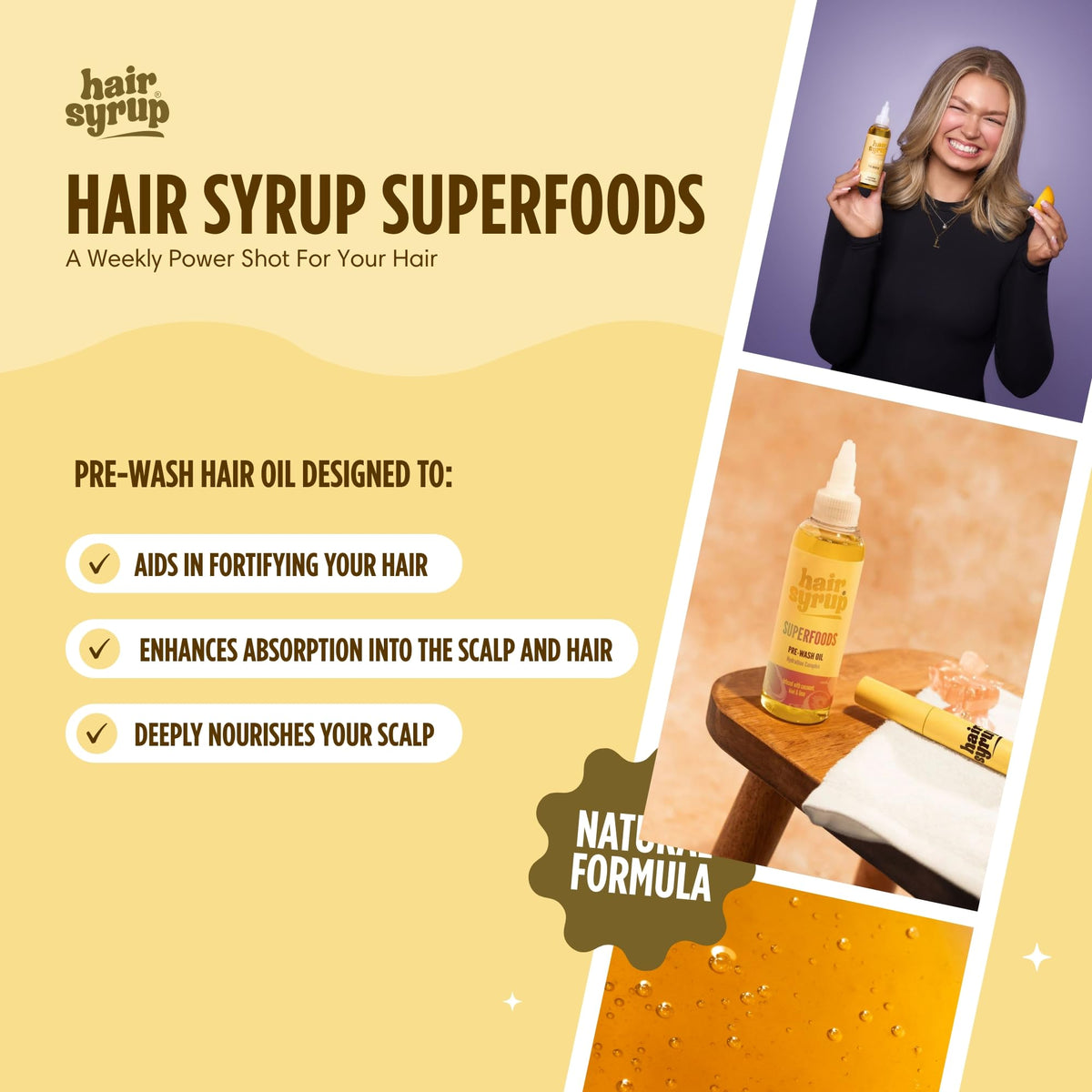 Hair Syrup | Superfoods Pre-Wash Hair Oil | Enriched with Coconut, Kiwi & Line | For Damaged, Dehydrated Hair Needing TLC | 12 Nutrient-Rich Ingredients | 100% Natural | 300ml Pump Bottle Applicator