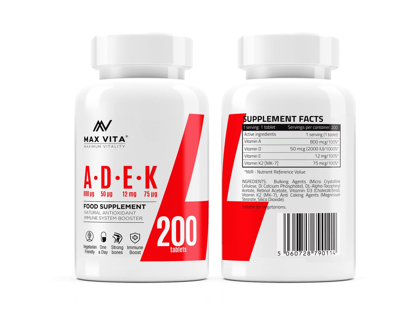 ADEK Vitamin A D3 2000IU K2 (MK-7) 75mcg UK Made & Vegetarian Supplement for Strong Bones, Teeth, Skin, Nails Immune System Antioxidant 200 Tablets