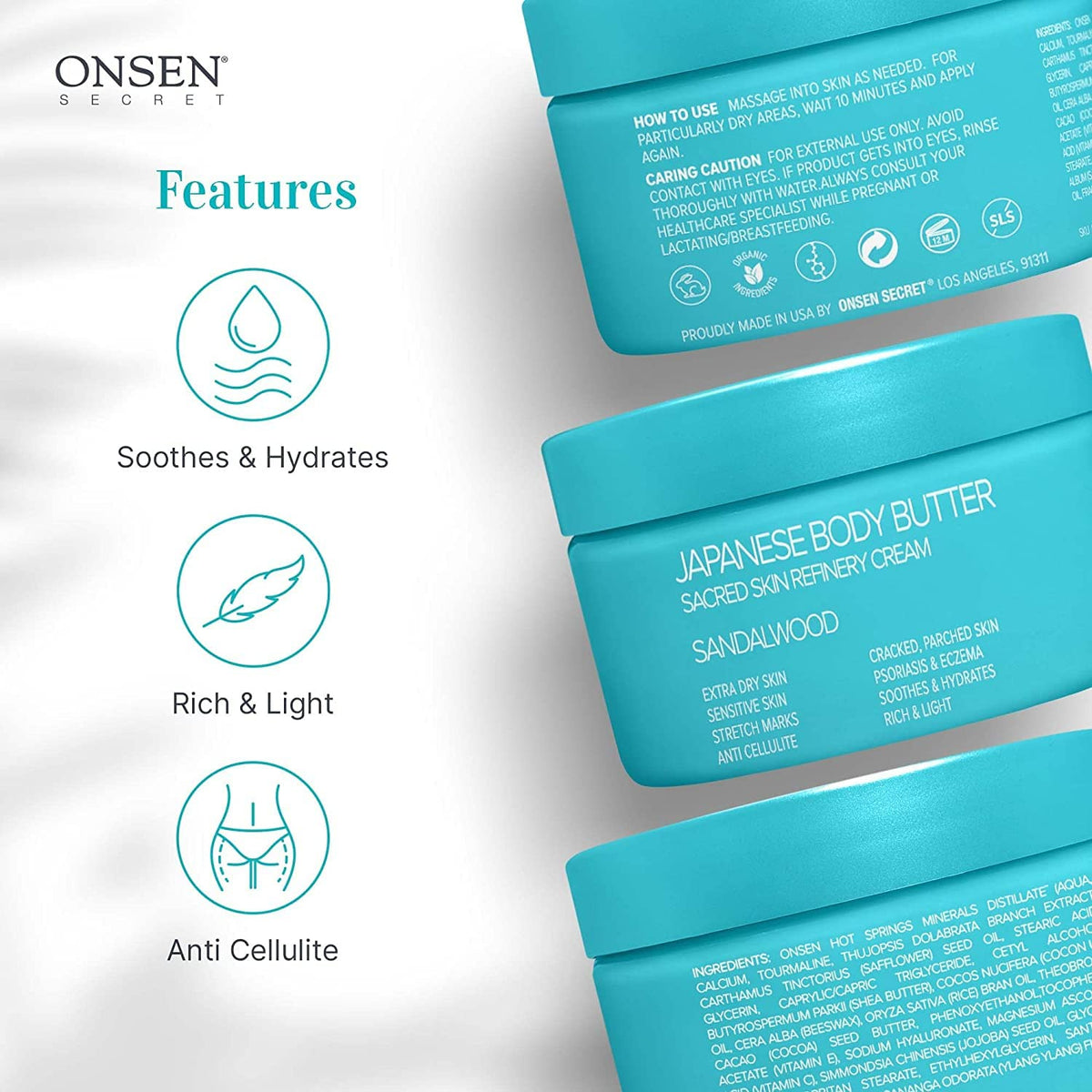 Onsen Secret Japanese Body Butter - Skin Refinery Cream Natural and Organic Moisturizing Clear Skin Exfoliator with All Coconut and Jojoba Oil for Women- 8.6 fl oz/255 ml (Sandalwood)