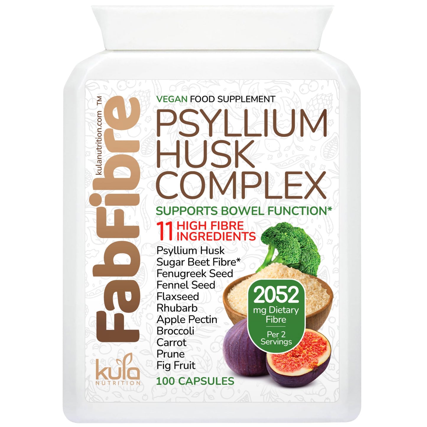 Kula Nutrition FabFibre - Psyllium Husk Complex - Dietary Fibre Supplement - 11 High Fiber Insoluble and Soluble Foods - Rhubarb, Broccoli, Flaxseed, Apple Pectin - Normal Bowel Function Support - 100 Vegan Capsules
